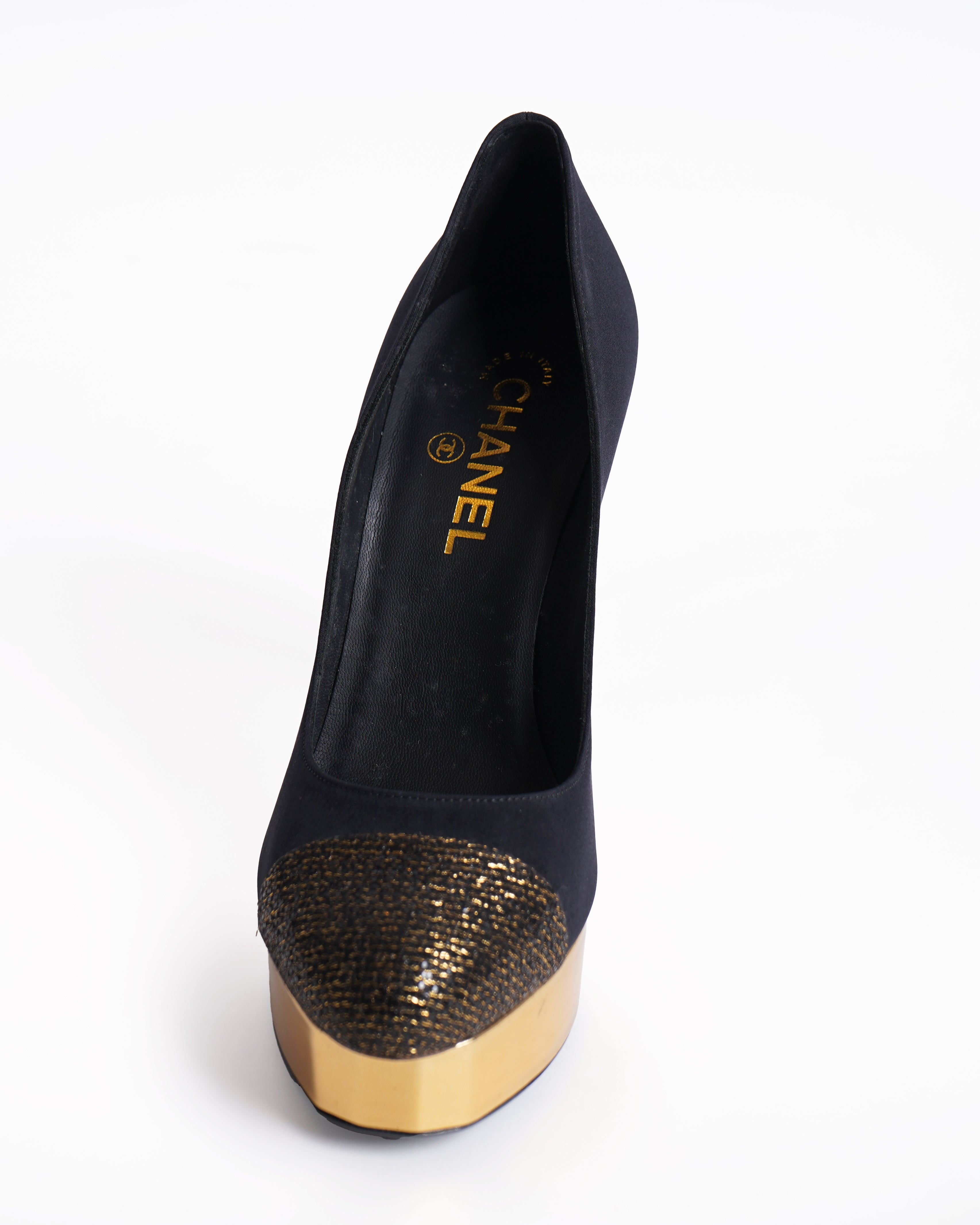 New Chanel Black & Golden Satin Block Heel Pumps
