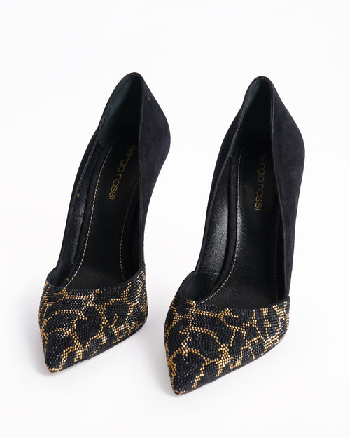Sergio Rossi Leopard Juno Stud Suede Pumps