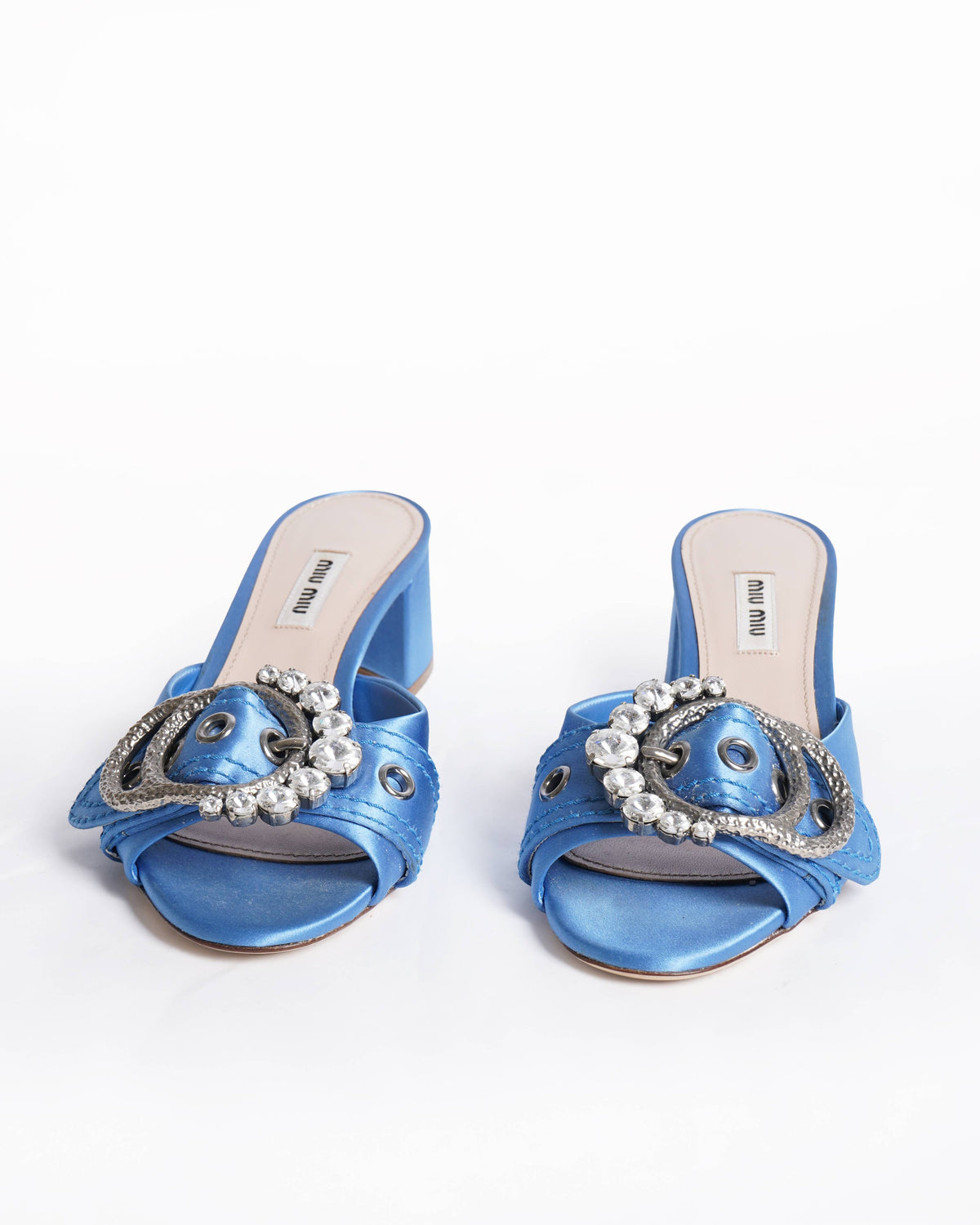 Miu Miu Blue Satin Crystal Buckle mules