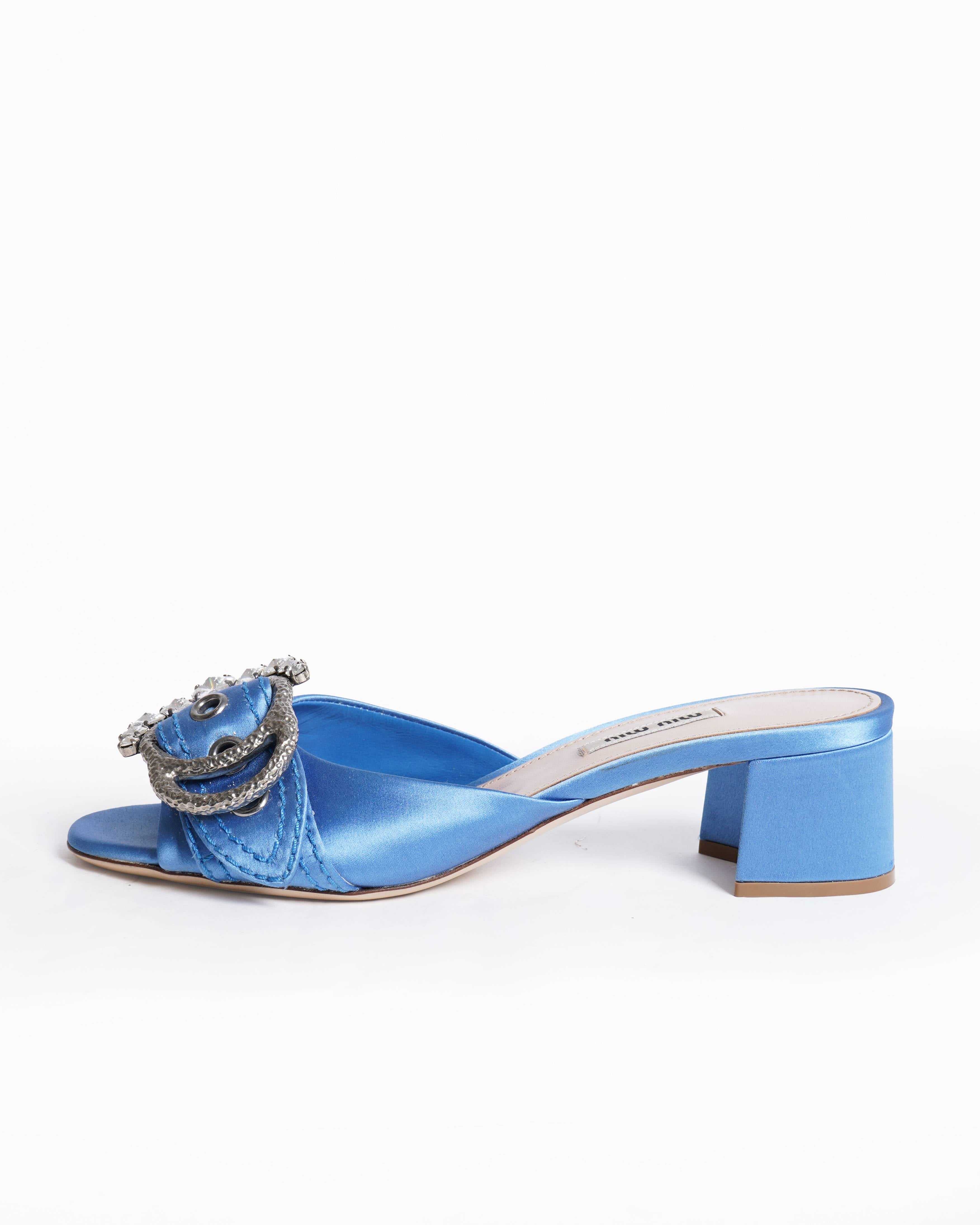 Miu Miu Blue Satin Crystal Buckle mules
