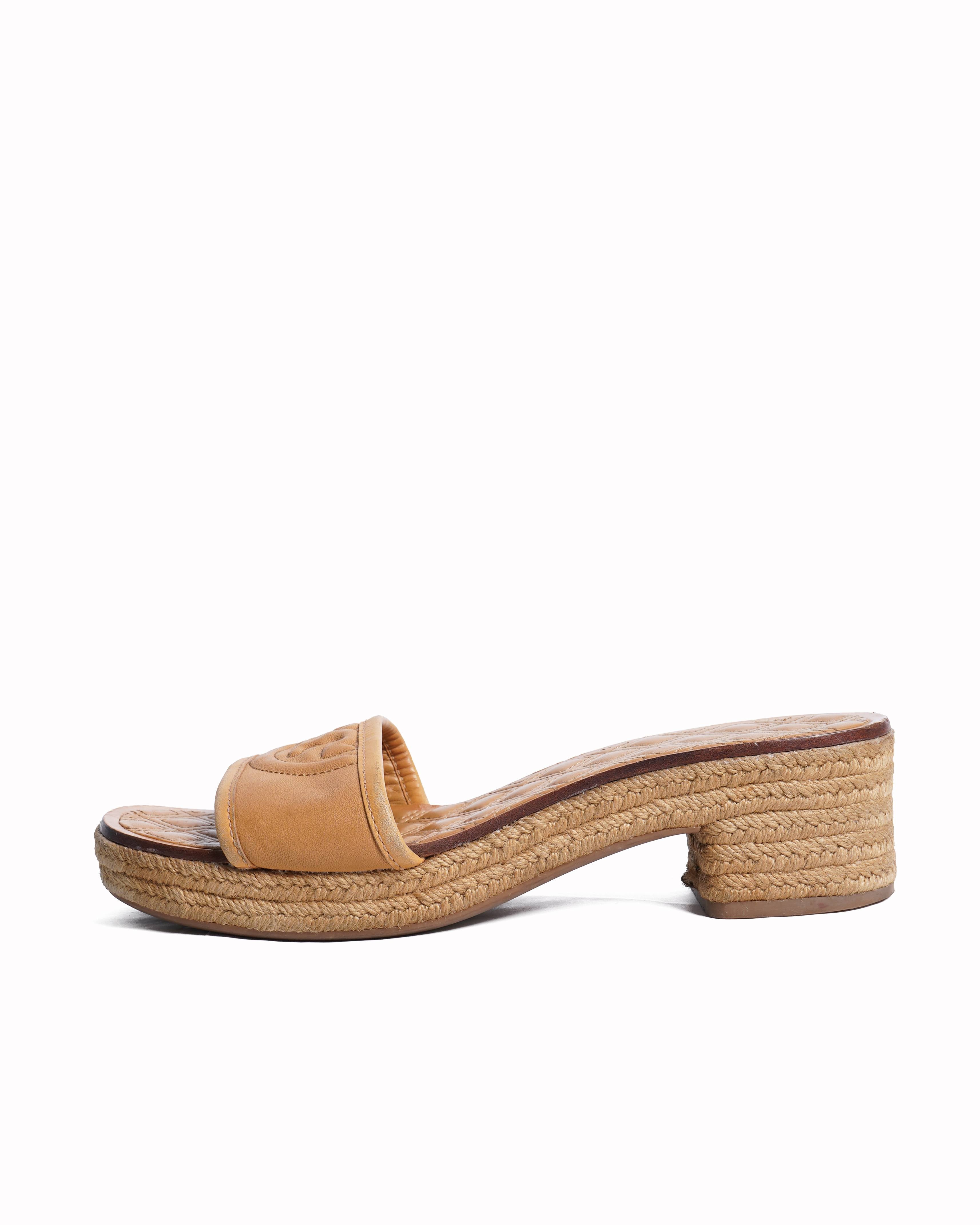 Tory Buch Tan Quilted Platform Heels