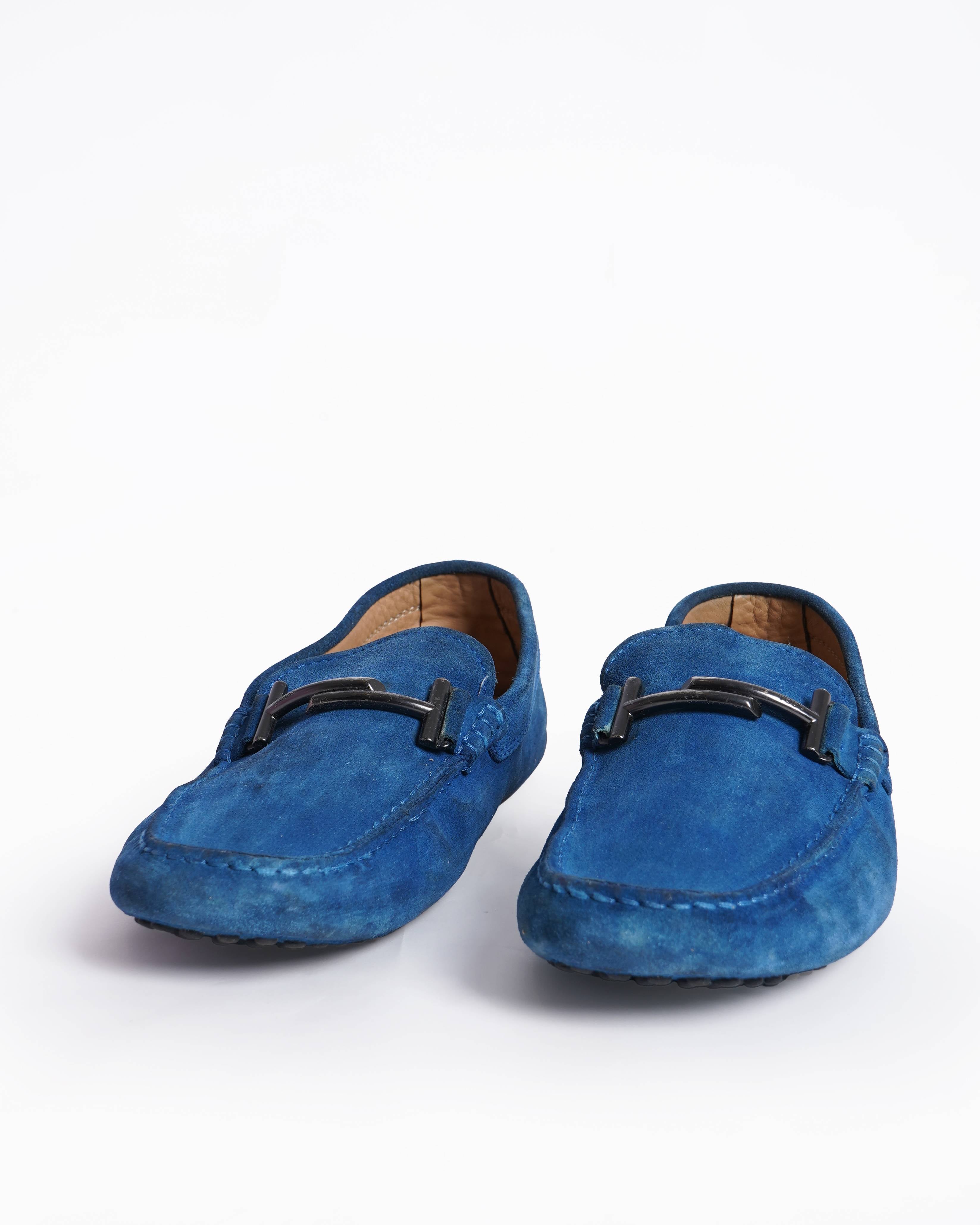 Tod's Blue Suede Leather Double T Slip On Loafers