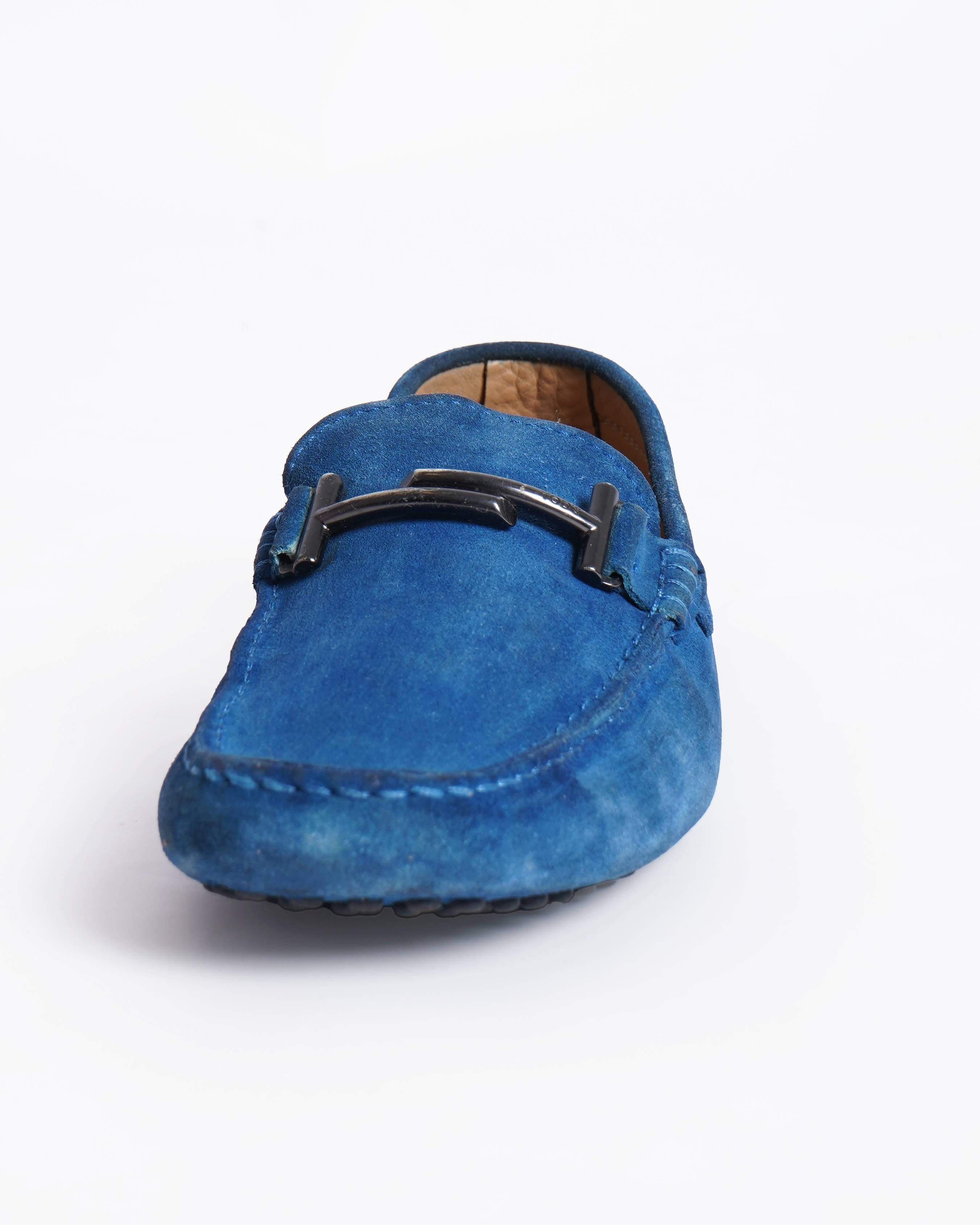 Tod's Blue Suede Leather Double T Slip On Loafers
