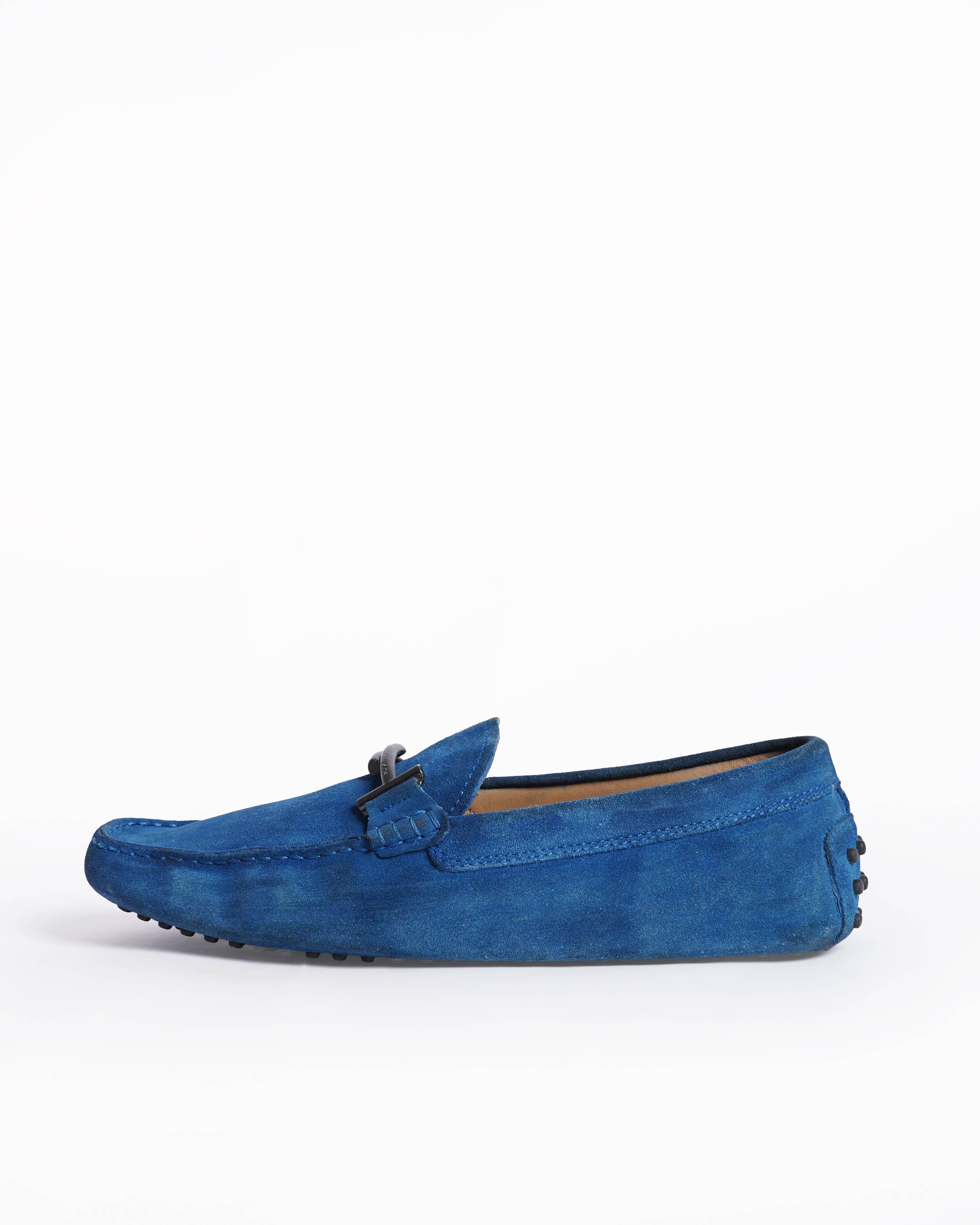 Tod's Blue Suede Leather Double T Slip On Loafers