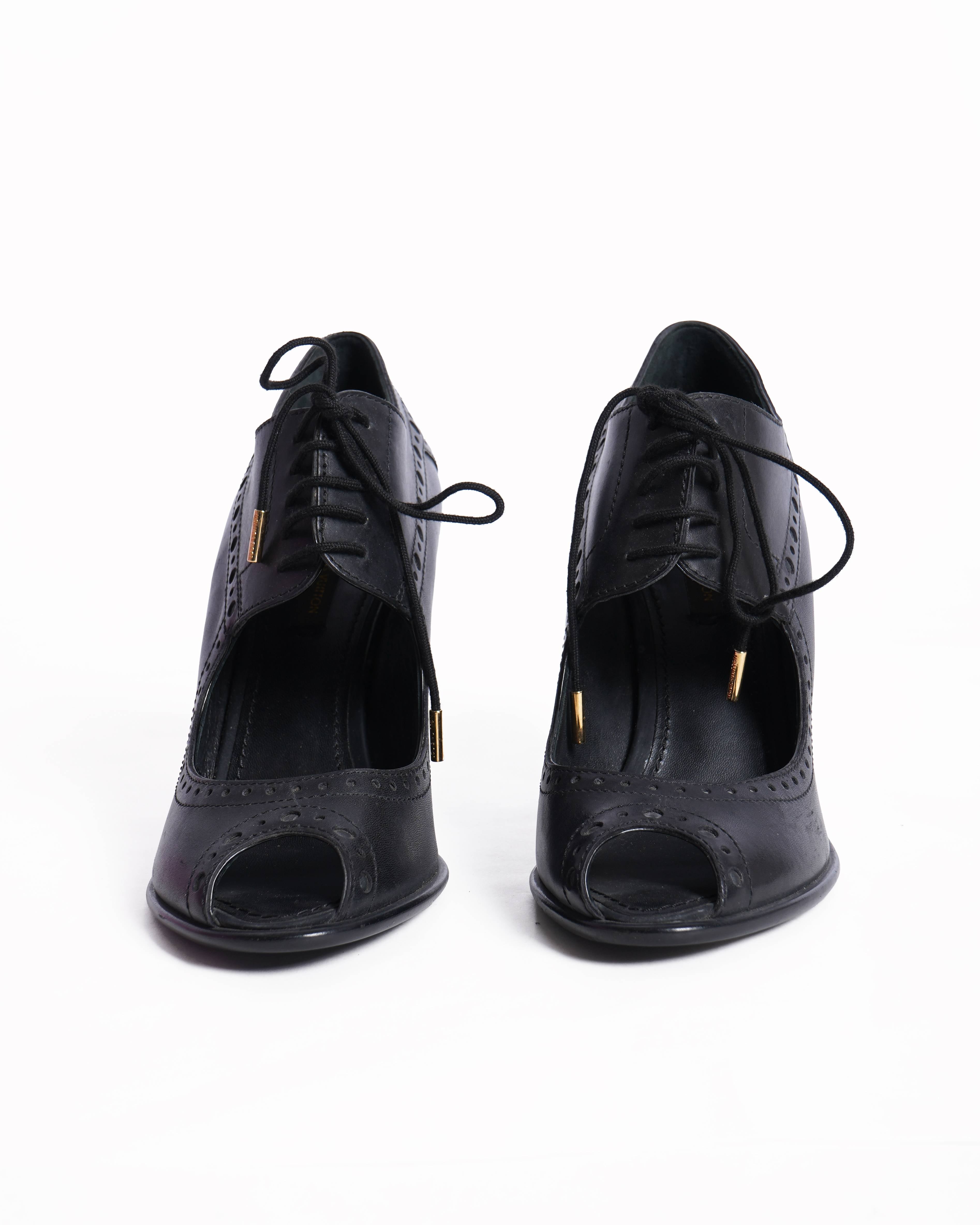 Louis Vuitton black peep toe lace up heels