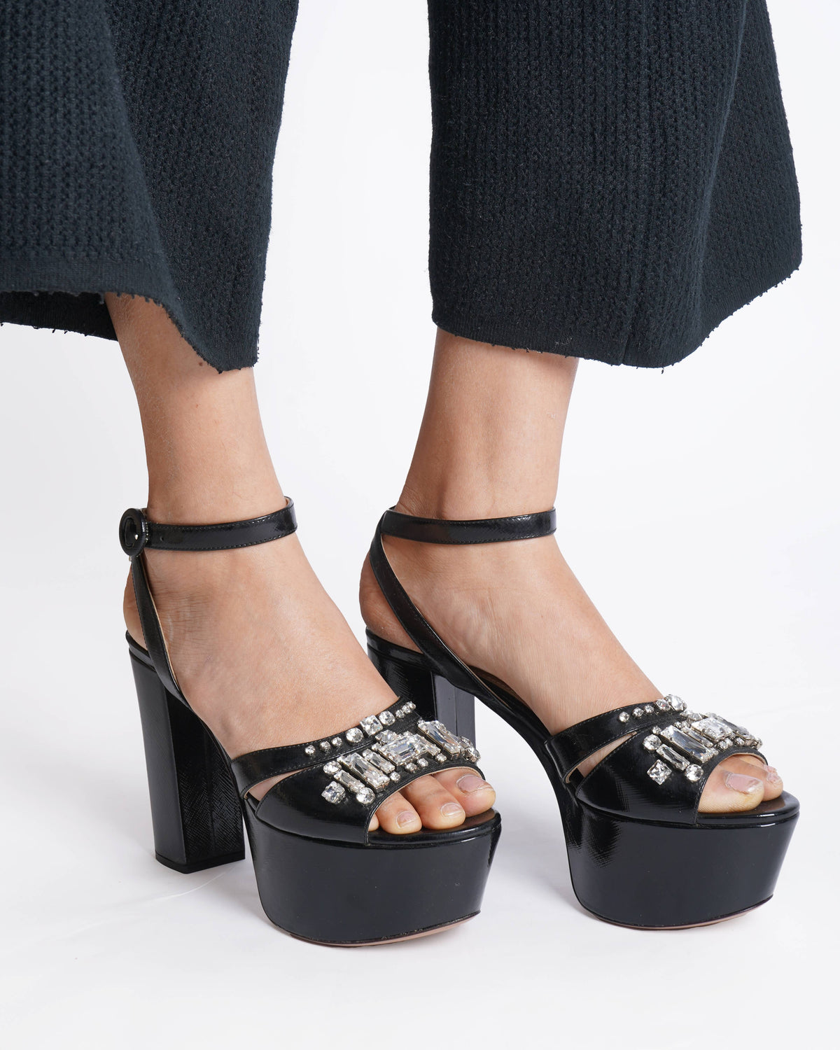 Prada Black Saffiano Patent Leather Crystal Embellished Platform Sandals