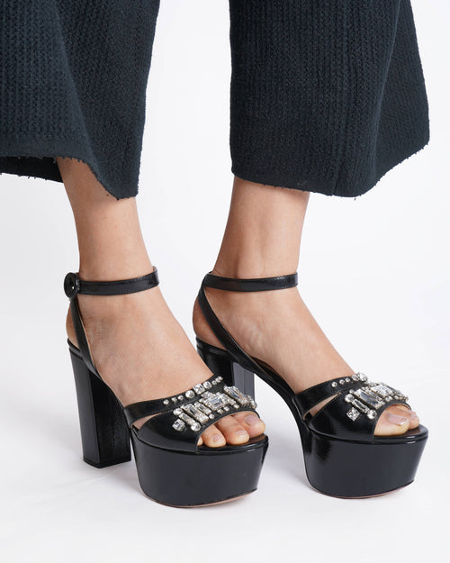 Prada Black Saffiano Patent Leather Crystal Embellished Platform Sandals