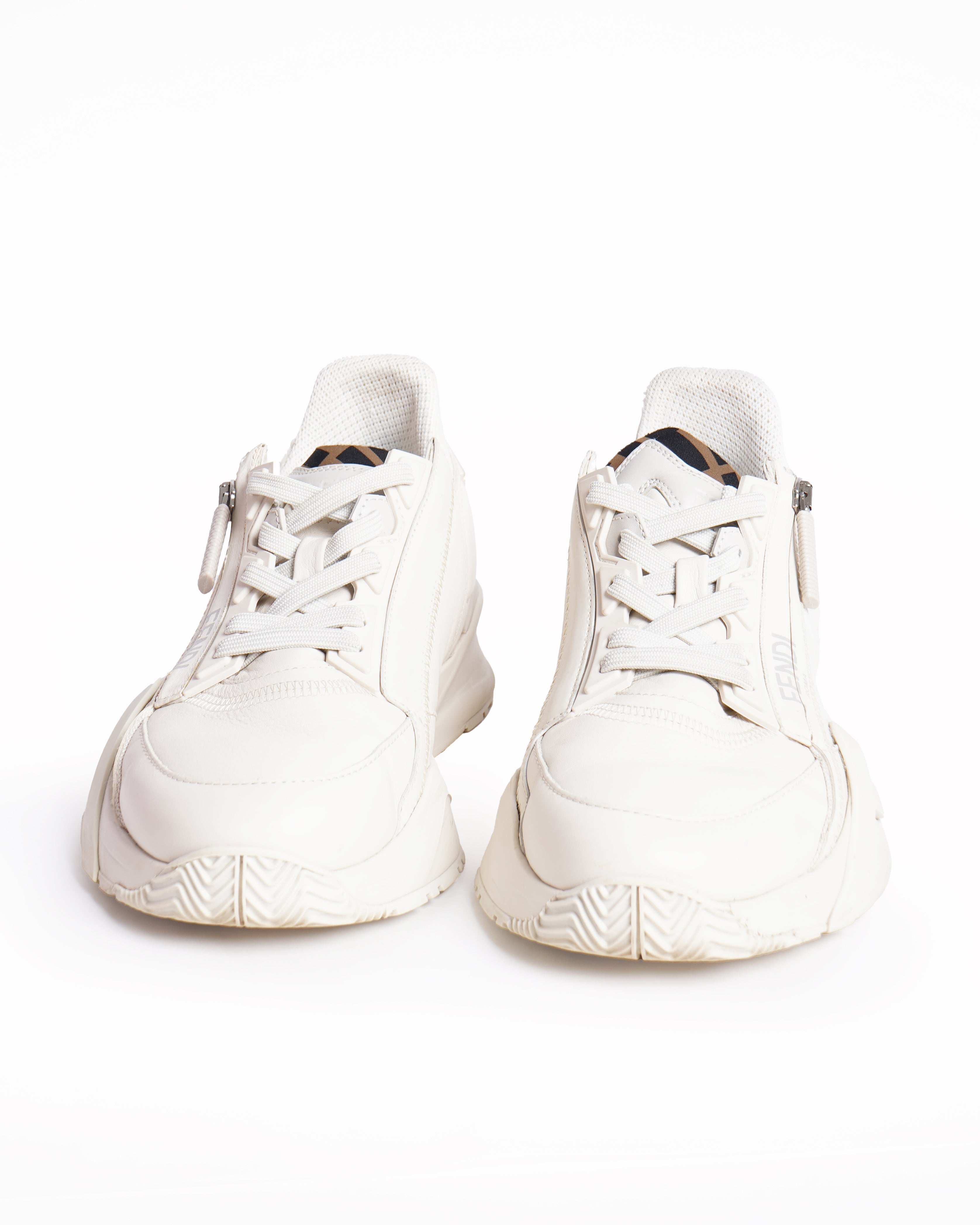 Fendi Flow White Leather Low Top Sneakers with Zip Detail
