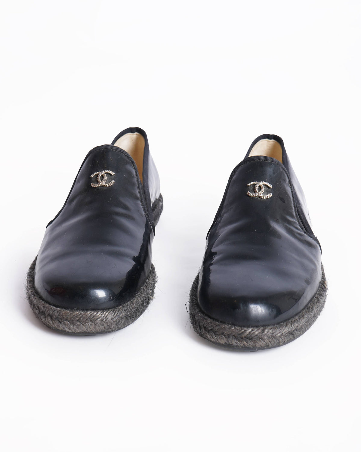 Chanel black patent leather cc logo loafers