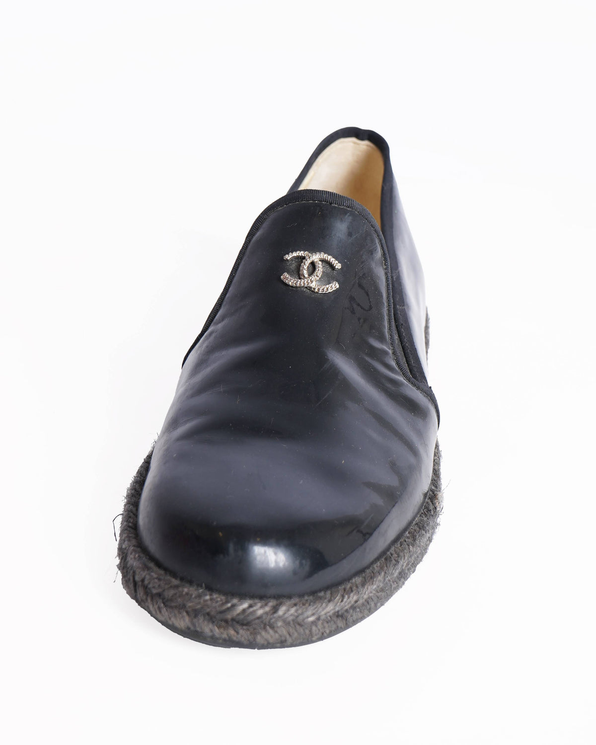 Chanel black patent leather cc logo loafers