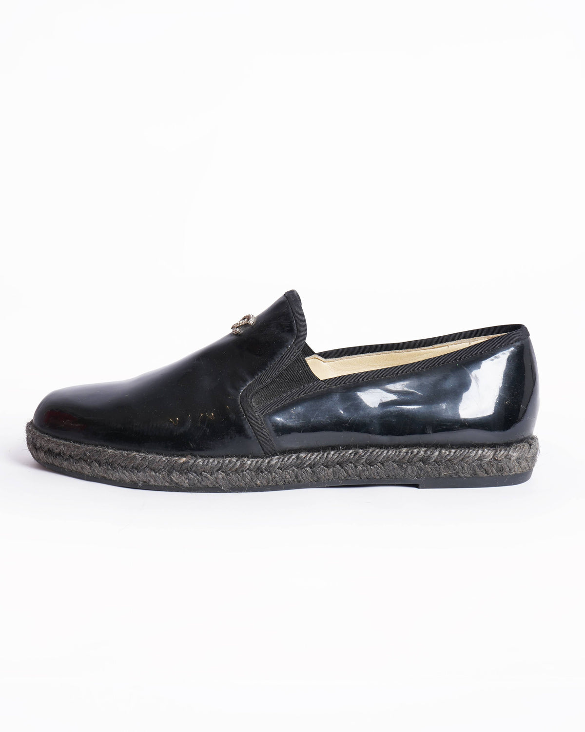 Chanel black patent leather cc logo loafers
