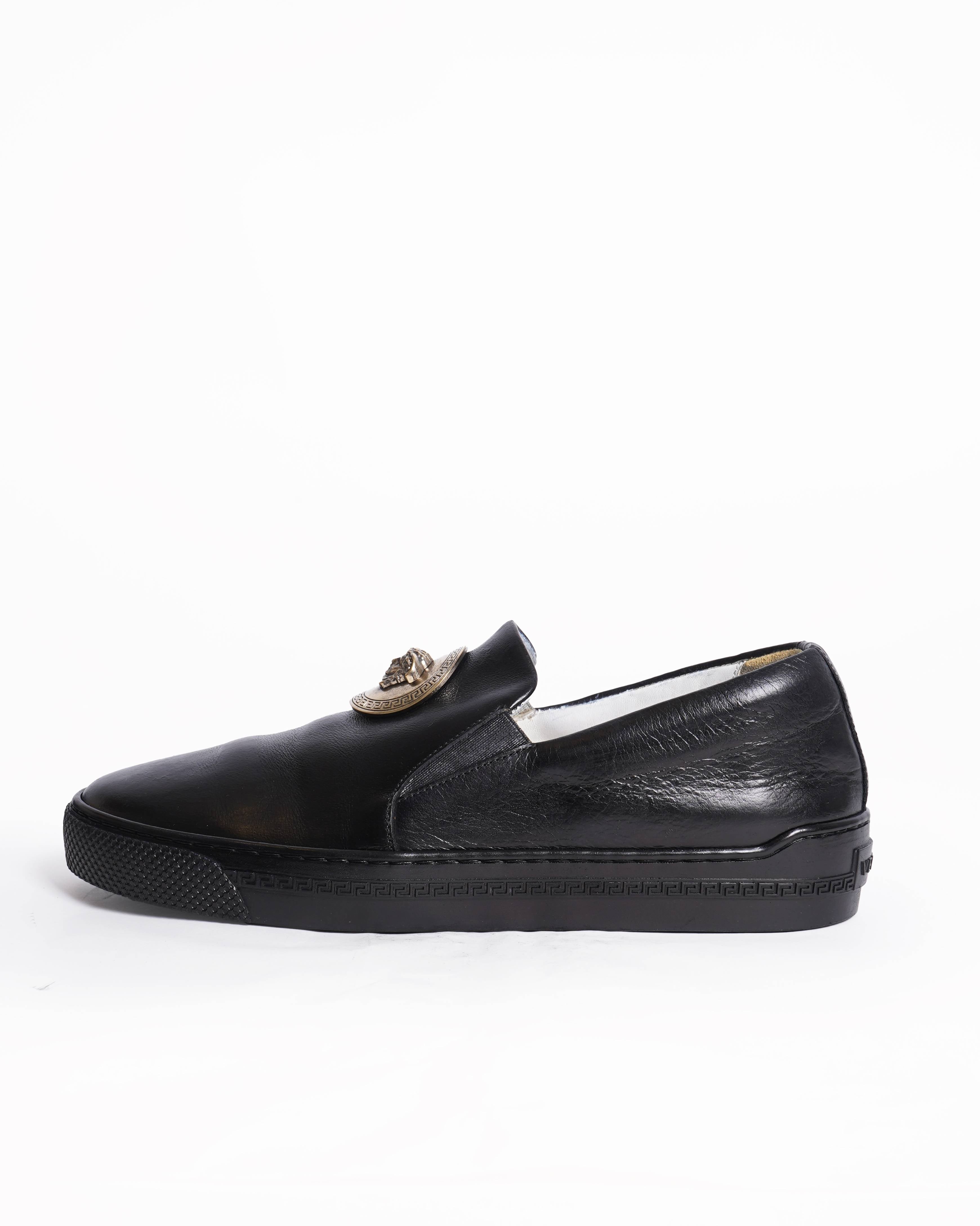 Versace Men's Black Leather Medusa Slip-On Sneakers