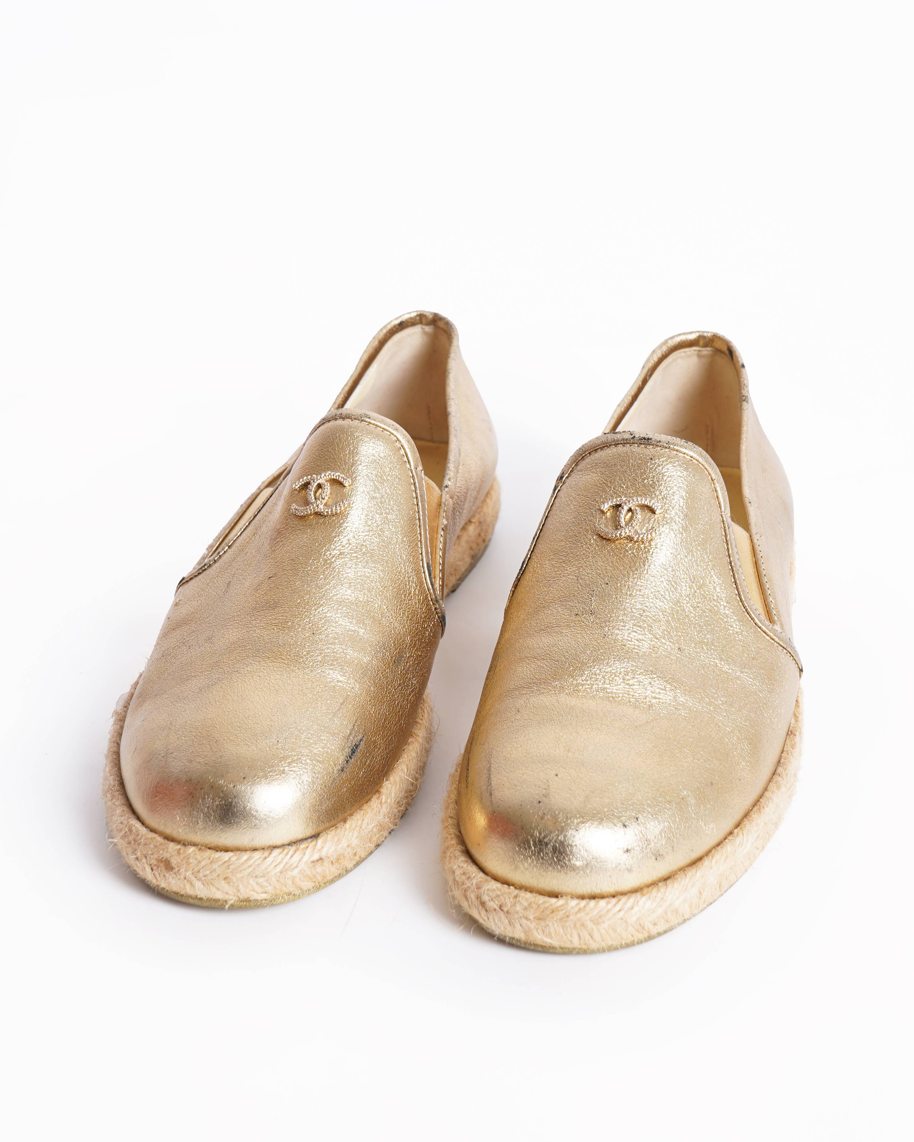 Chanel gold metallic cc logo loafers