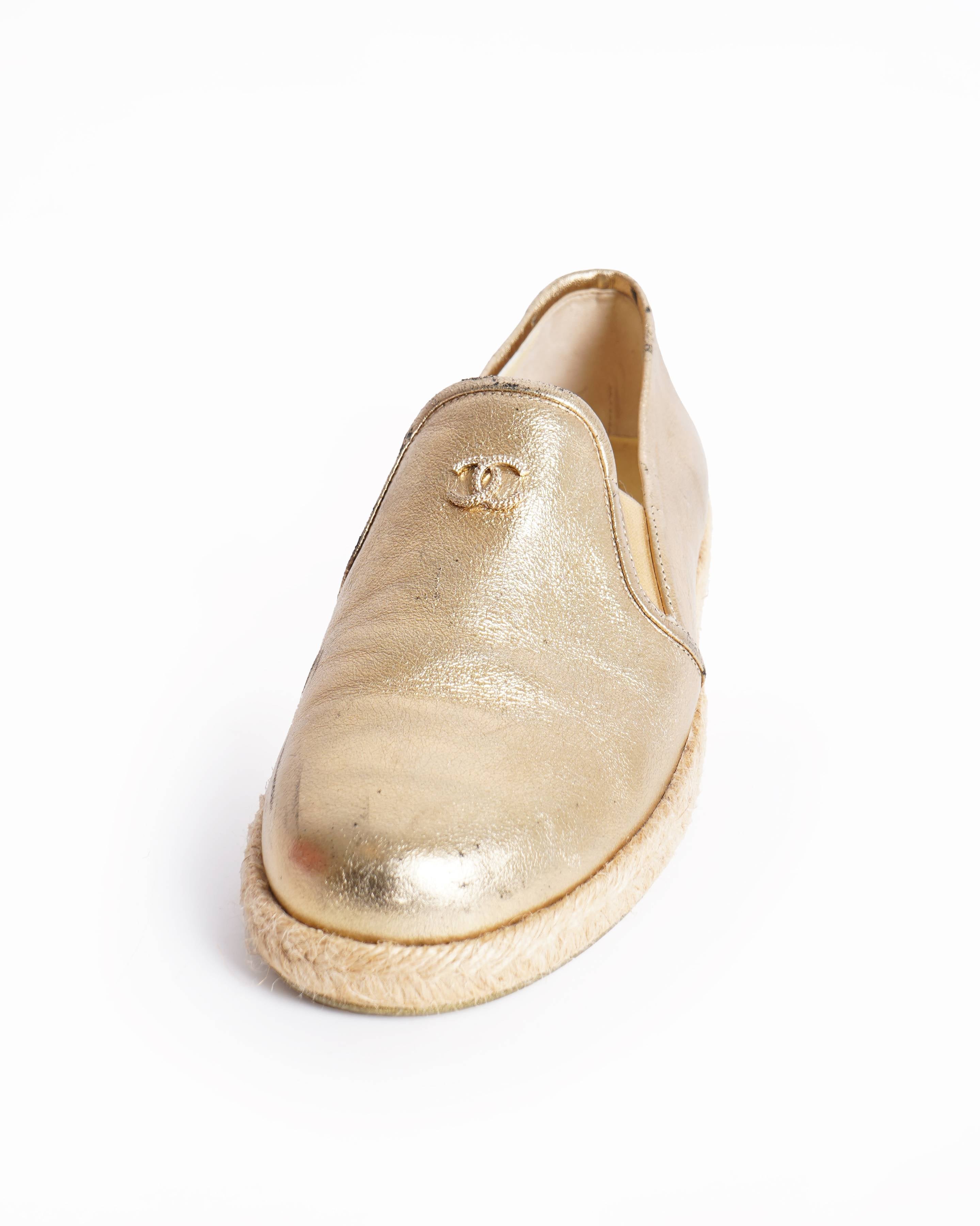Chanel gold metallic cc logo loafers