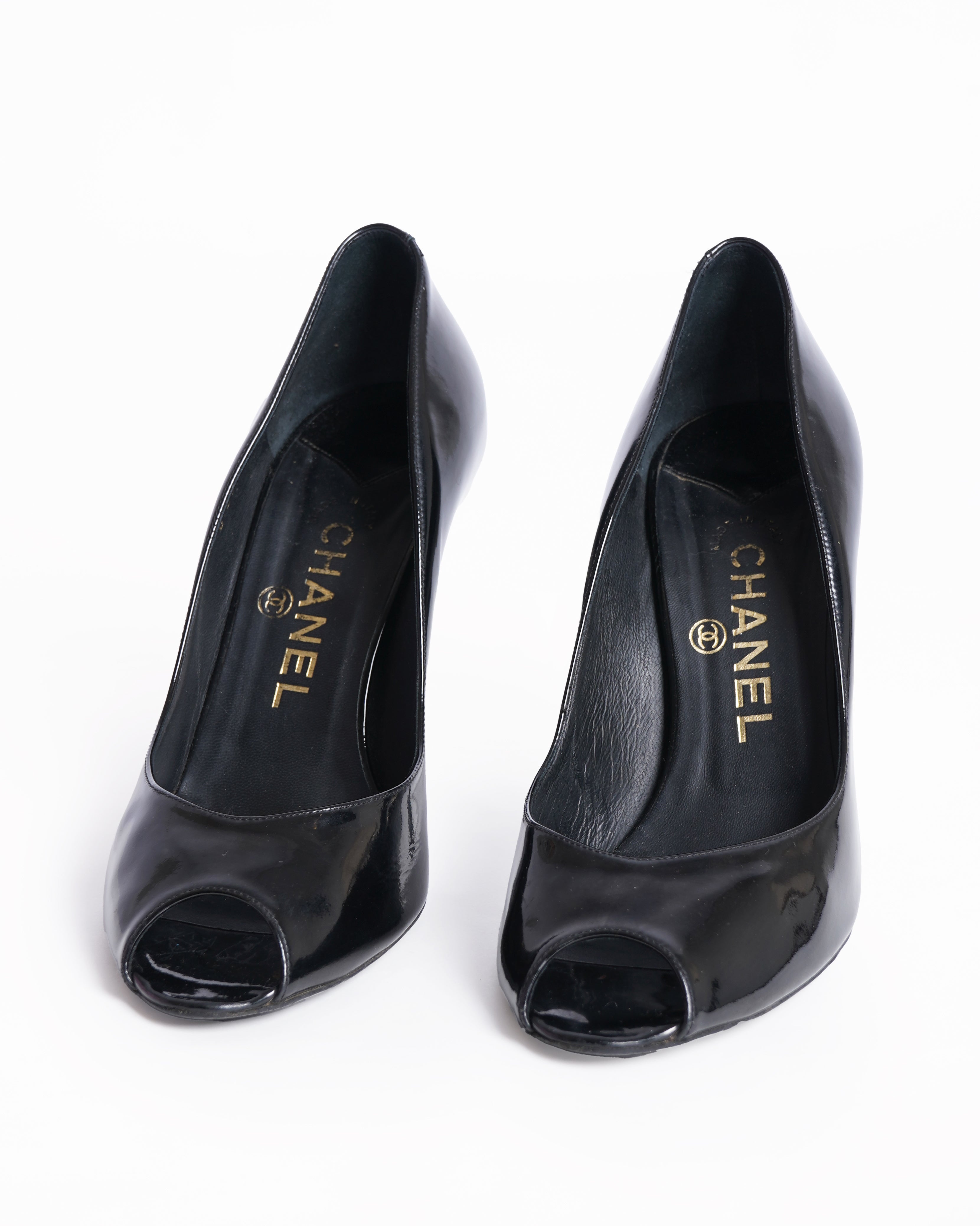 Chanel Black Peep Toe Pumps In Patent Leather
