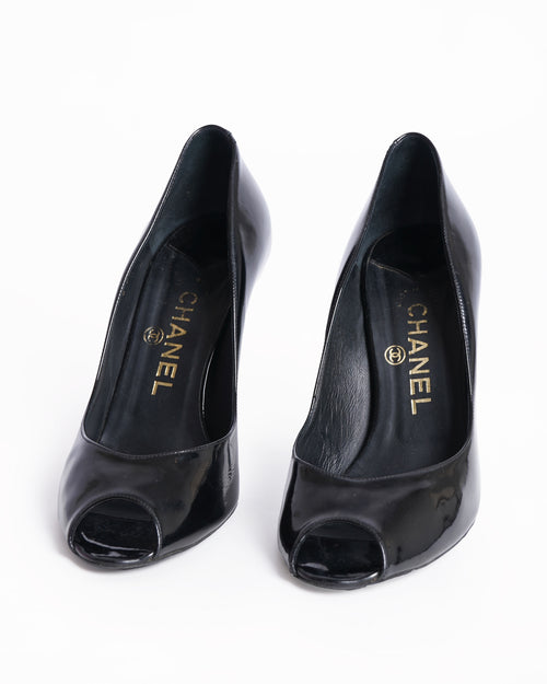 Chanel Black Peep Toe Pumps In Patent Leather