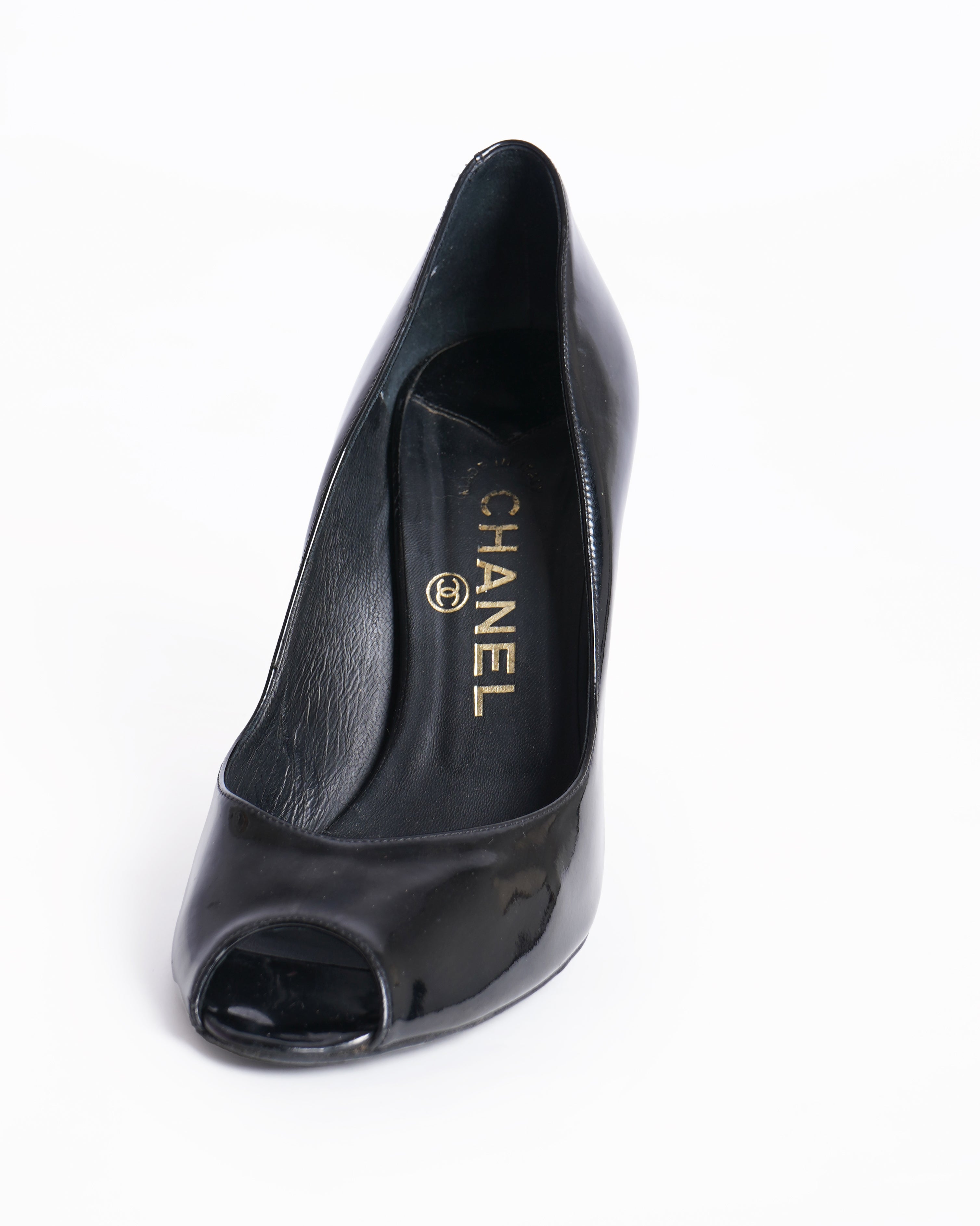 Chanel Black Peep Toe Pumps In Patent Leather