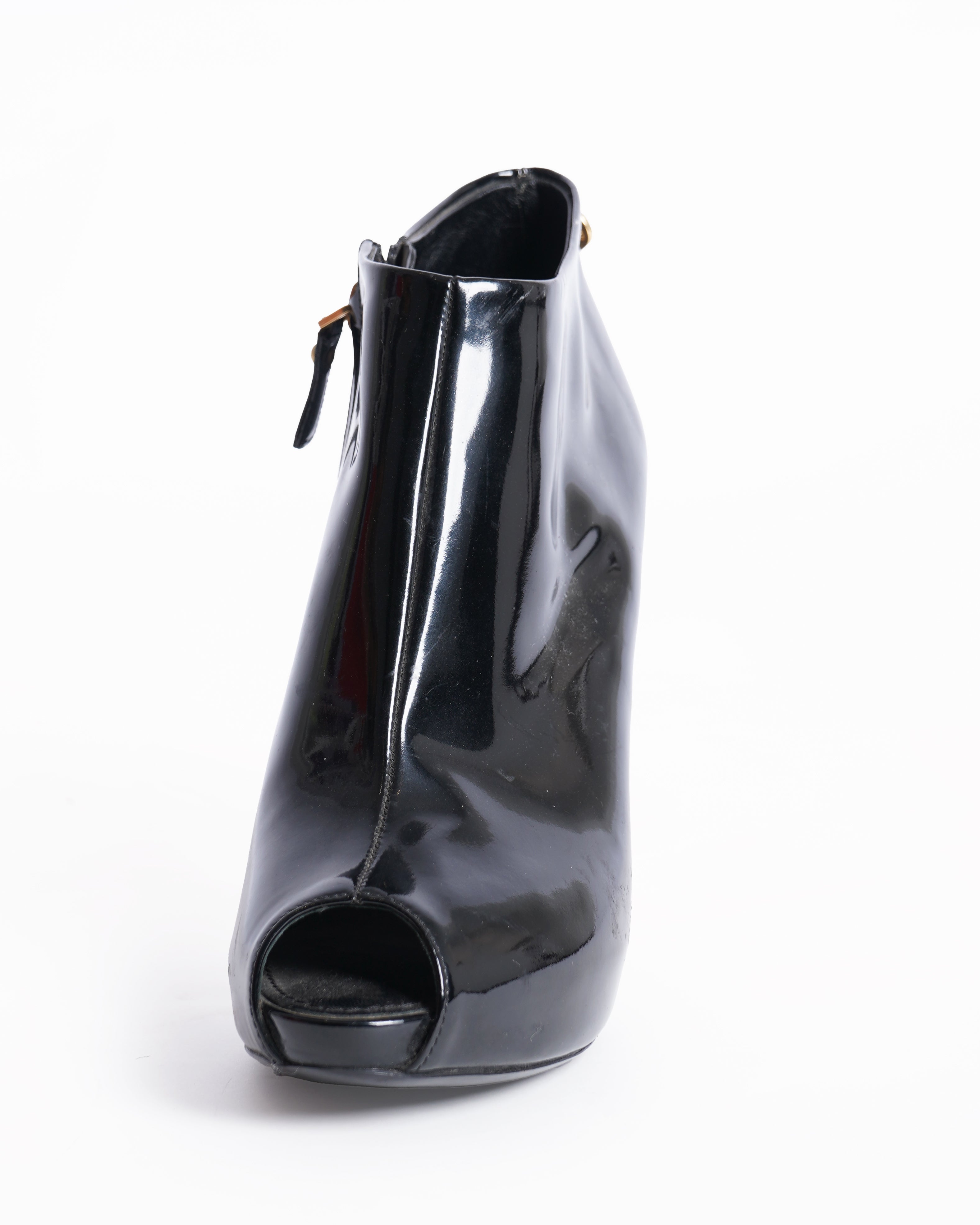 Louis vuitton black patent leather open toe boots
