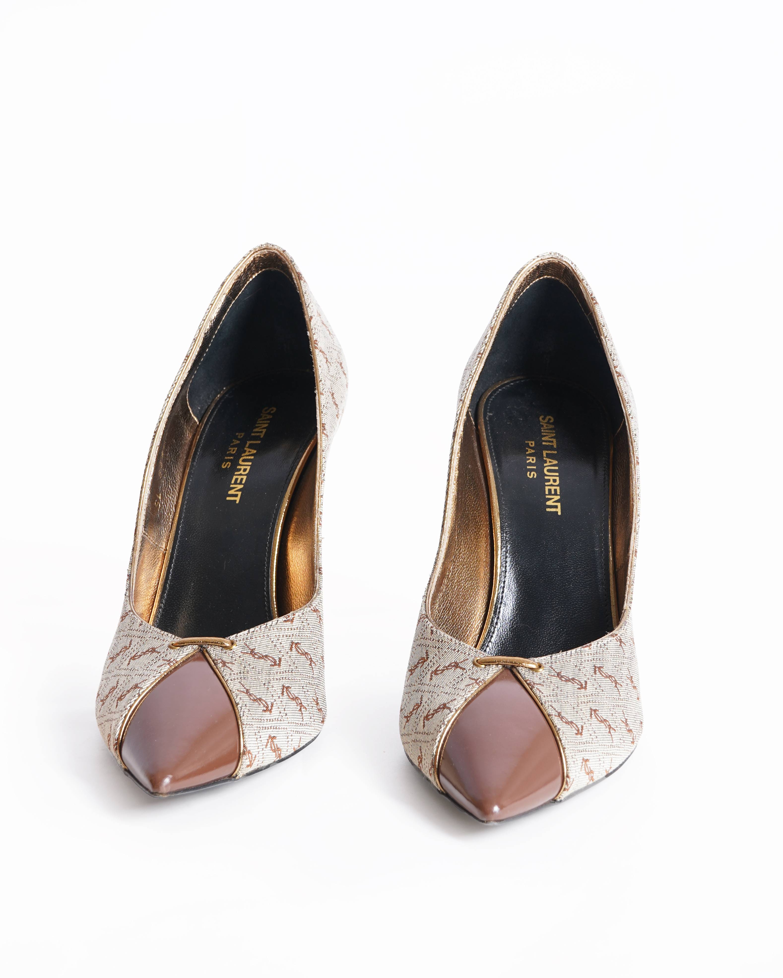 Yves Saint Laurent Women Brown Pumps Canvas Leather Cone High Heel