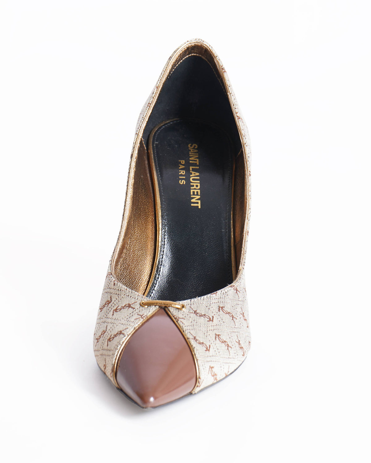 Yves Saint Laurent Women Brown Pumps Canvas Leather Cone High Heel