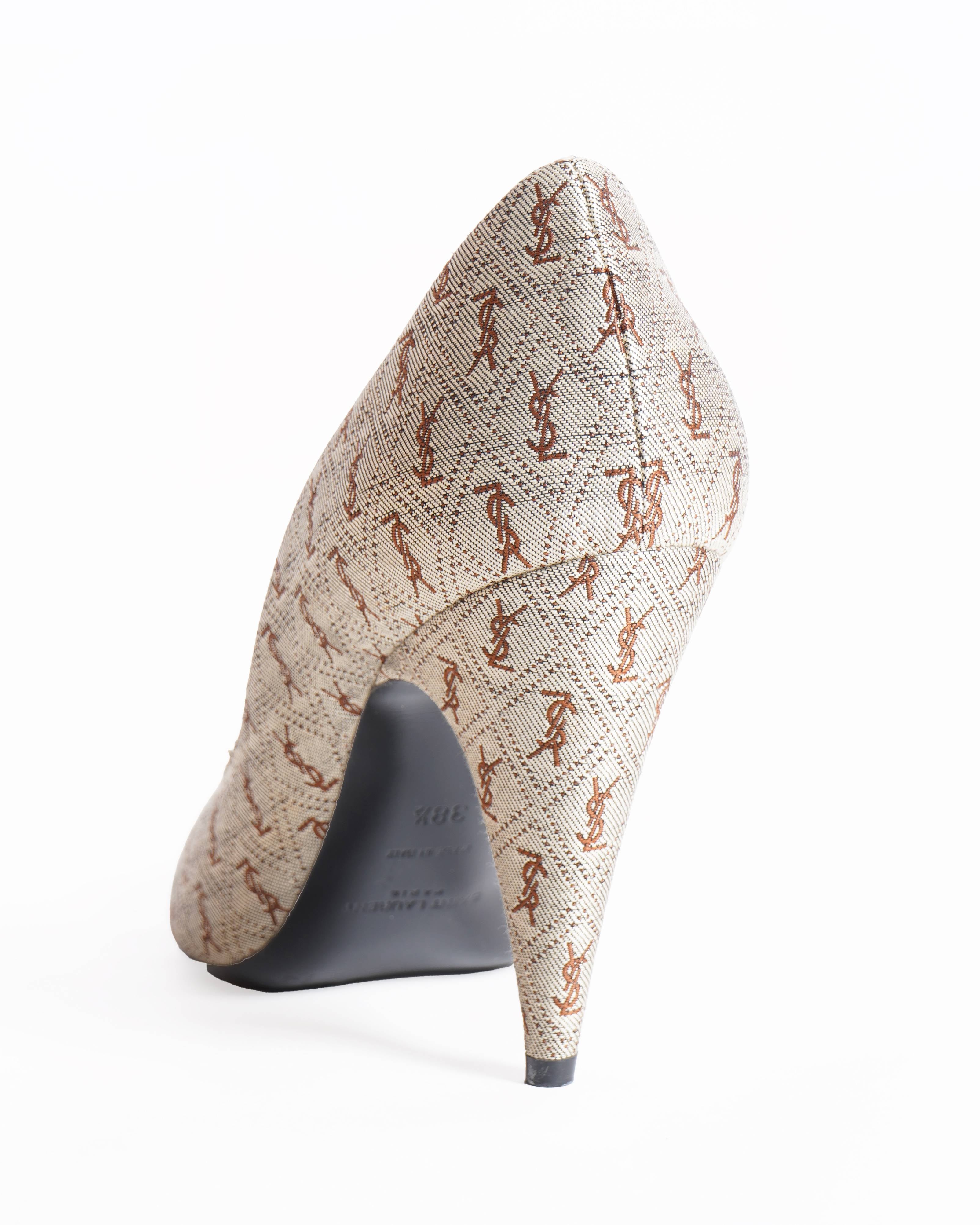 Yves Saint Laurent Women Brown Pumps Canvas Leather Cone High Heel