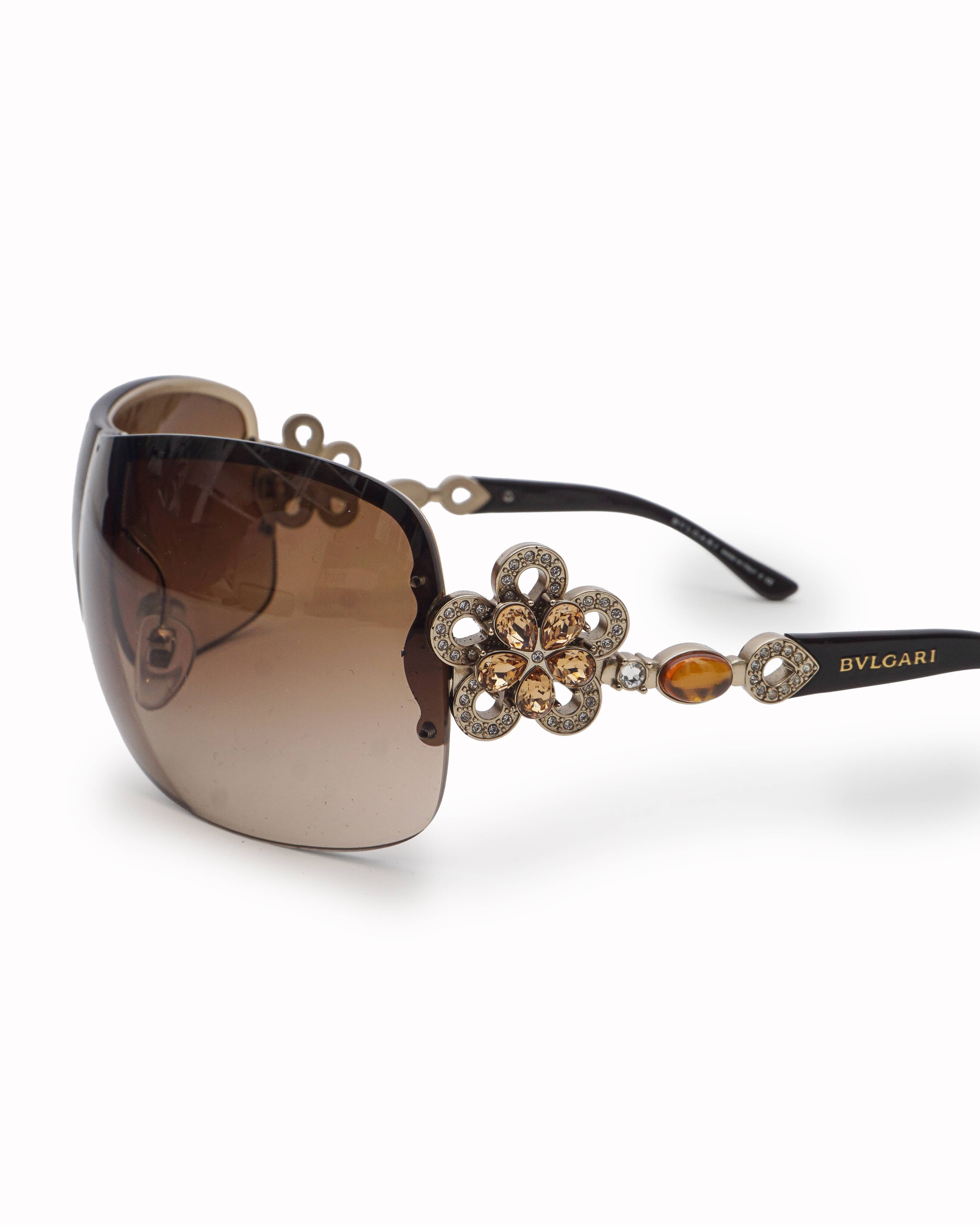 Bvlgari Crystal Flower Temple Rimless Shield Sunglasses