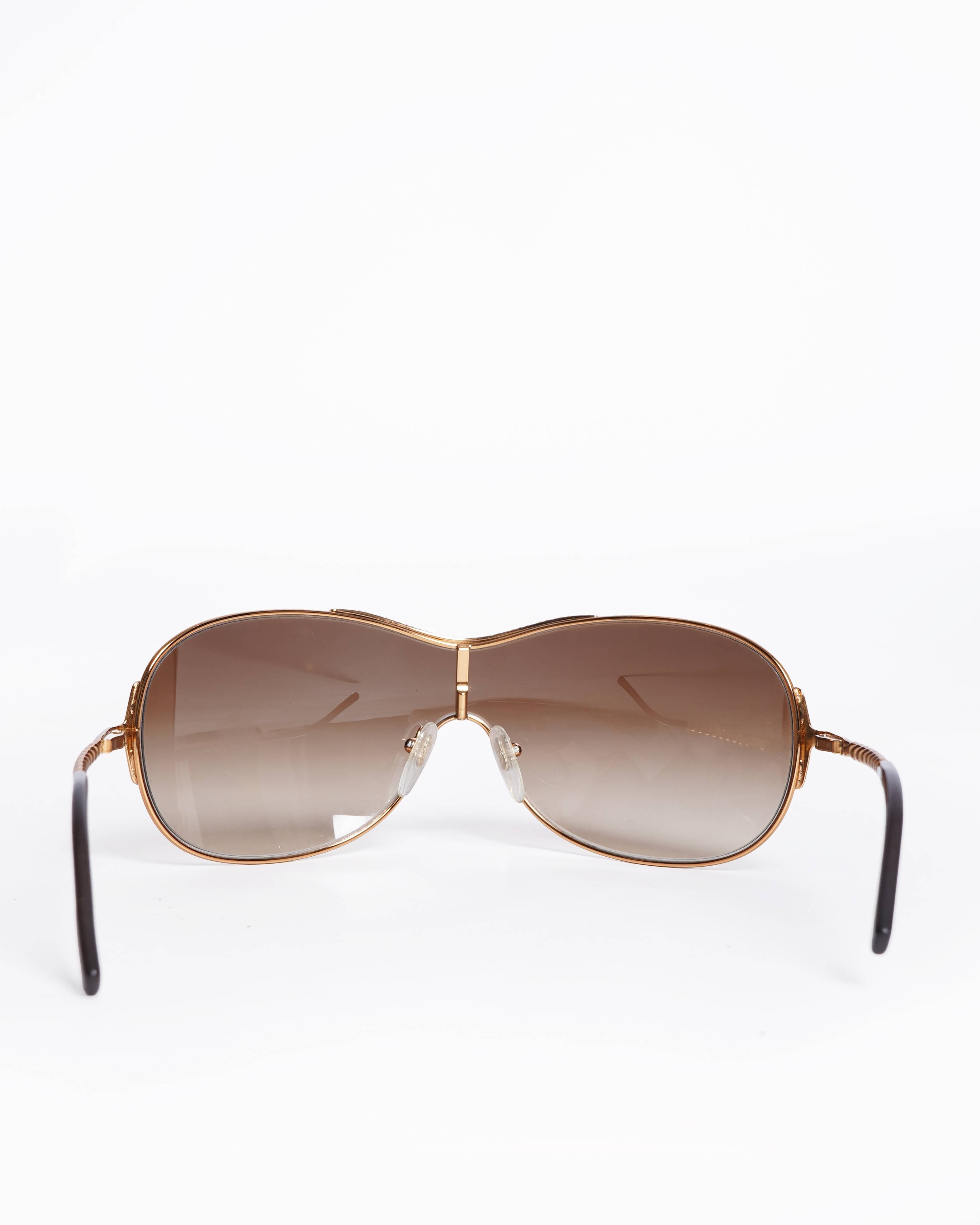 Salvatore Ferragamo Gold-Tone Shield Sunglasses with Twisted Temple Detail