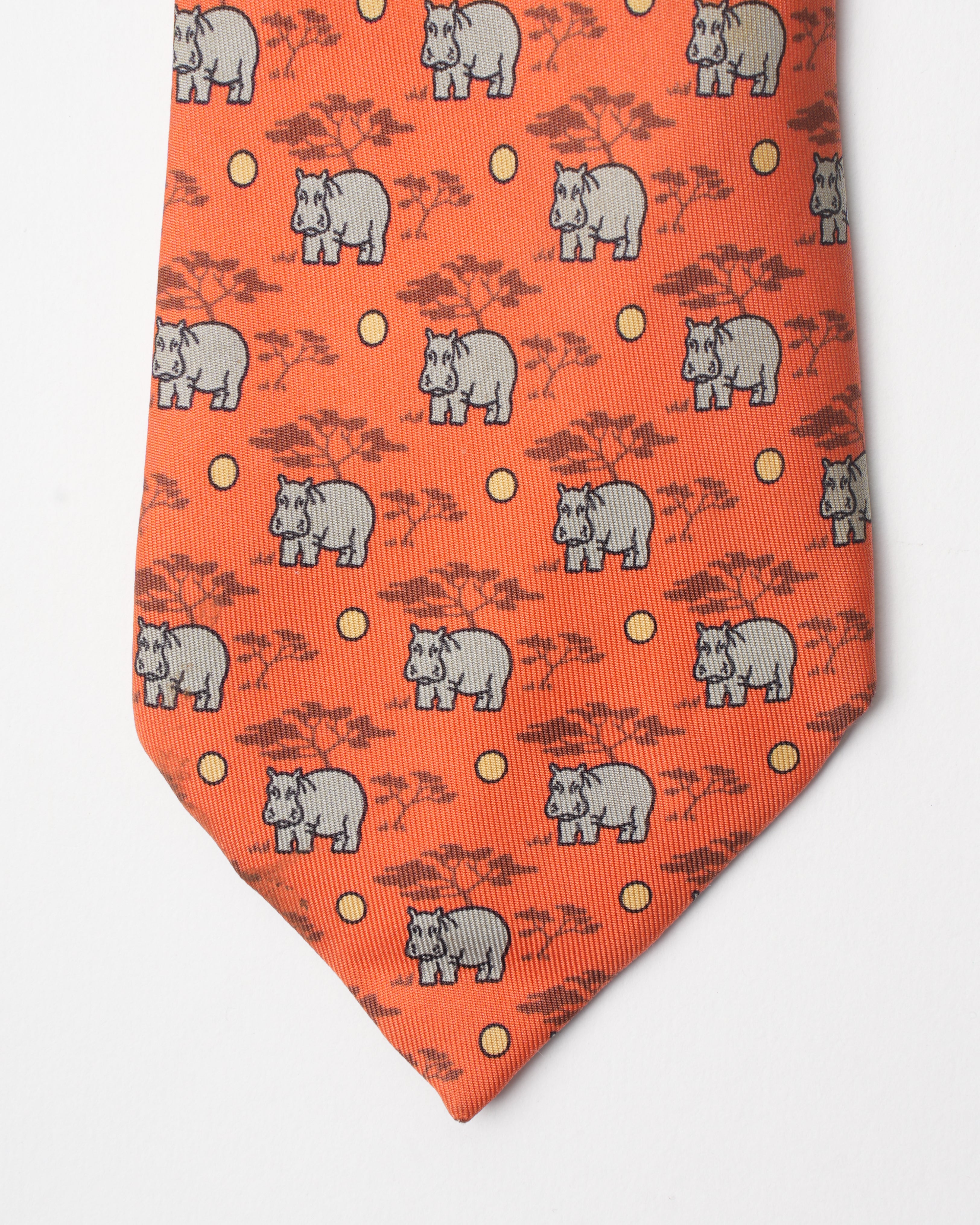 Hermes Vintage Silk Hippo Orange Tie