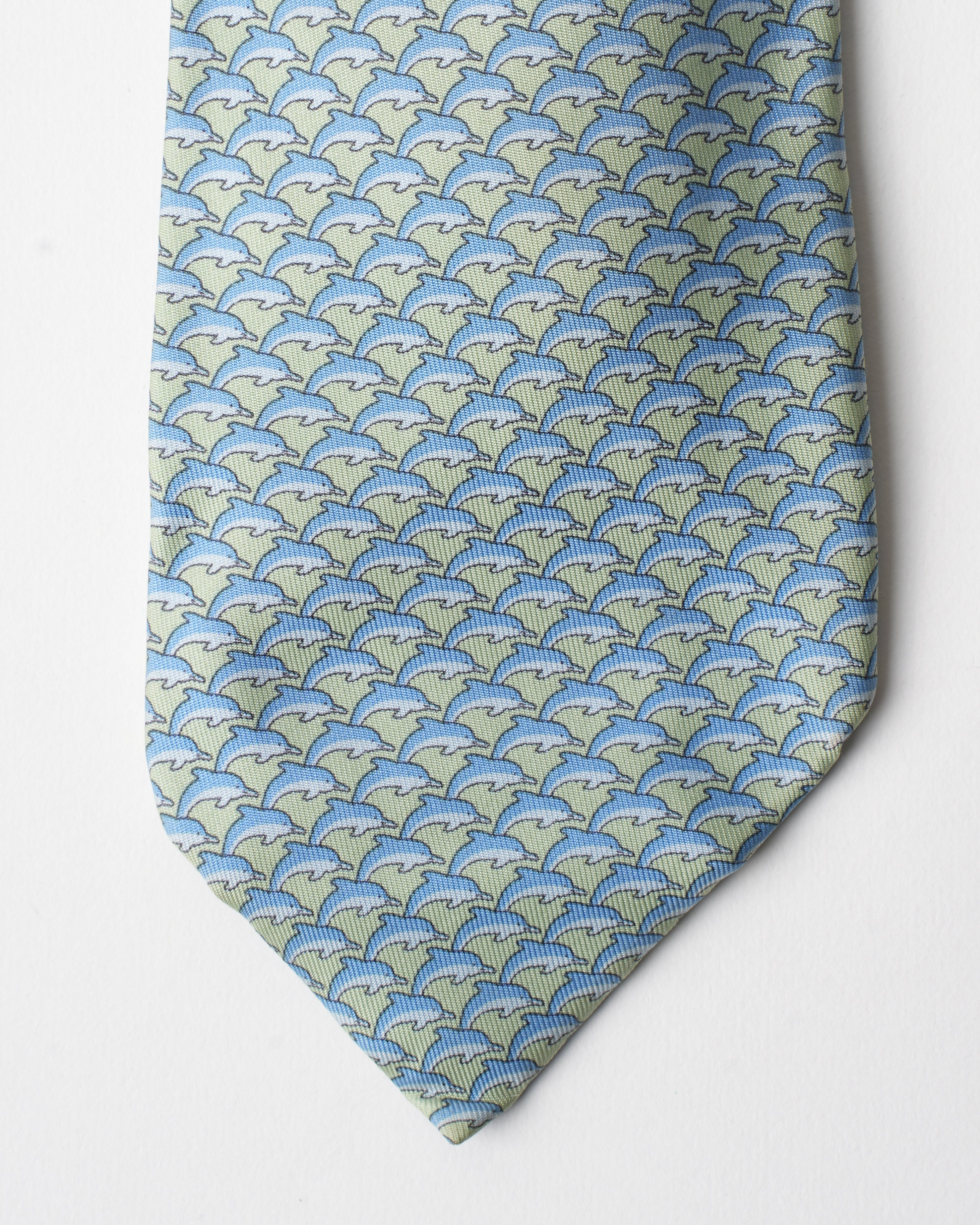 Hermes Vintage Silk Green Dolphin Tie