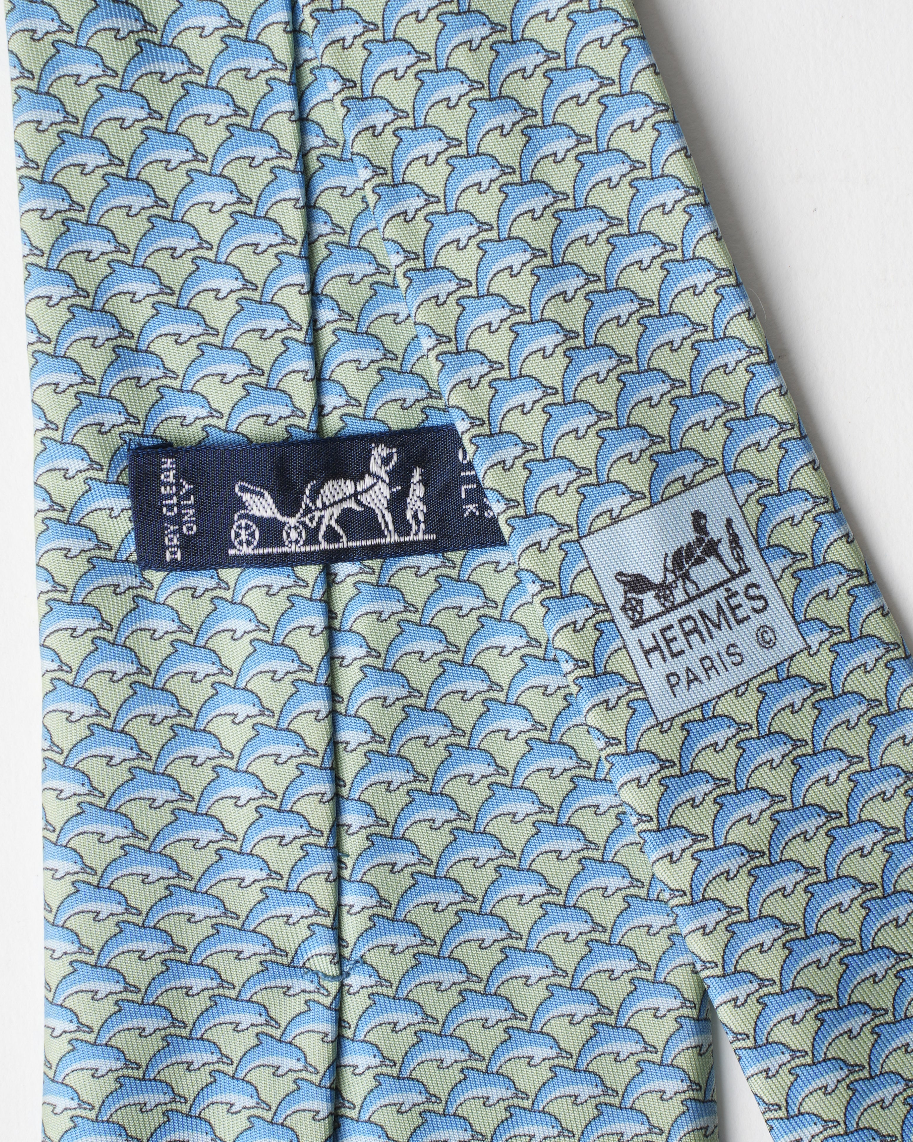 Hermes Vintage Silk Green Dolphin Tie