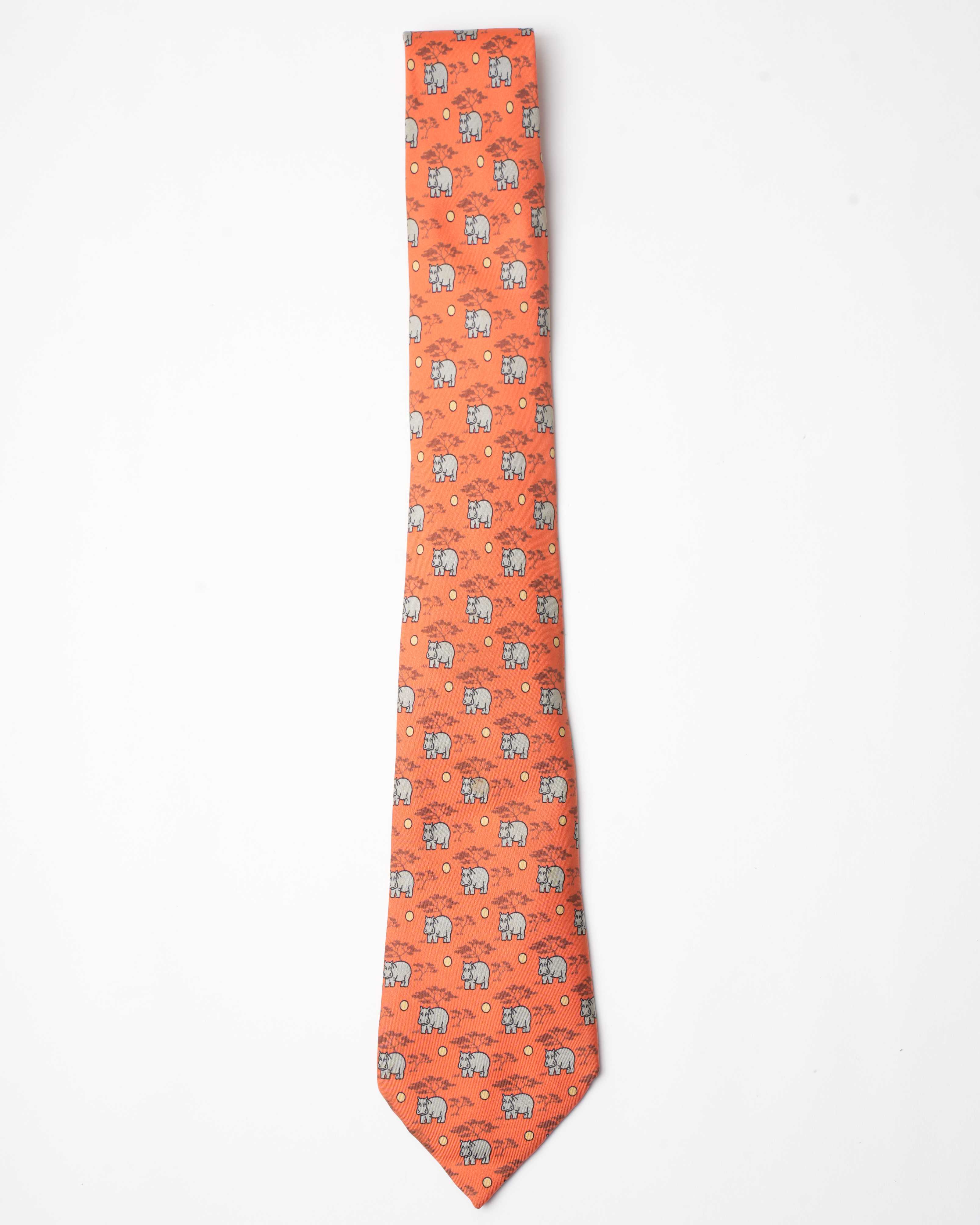 Hermes Vintage Silk Hippo Orange Tie