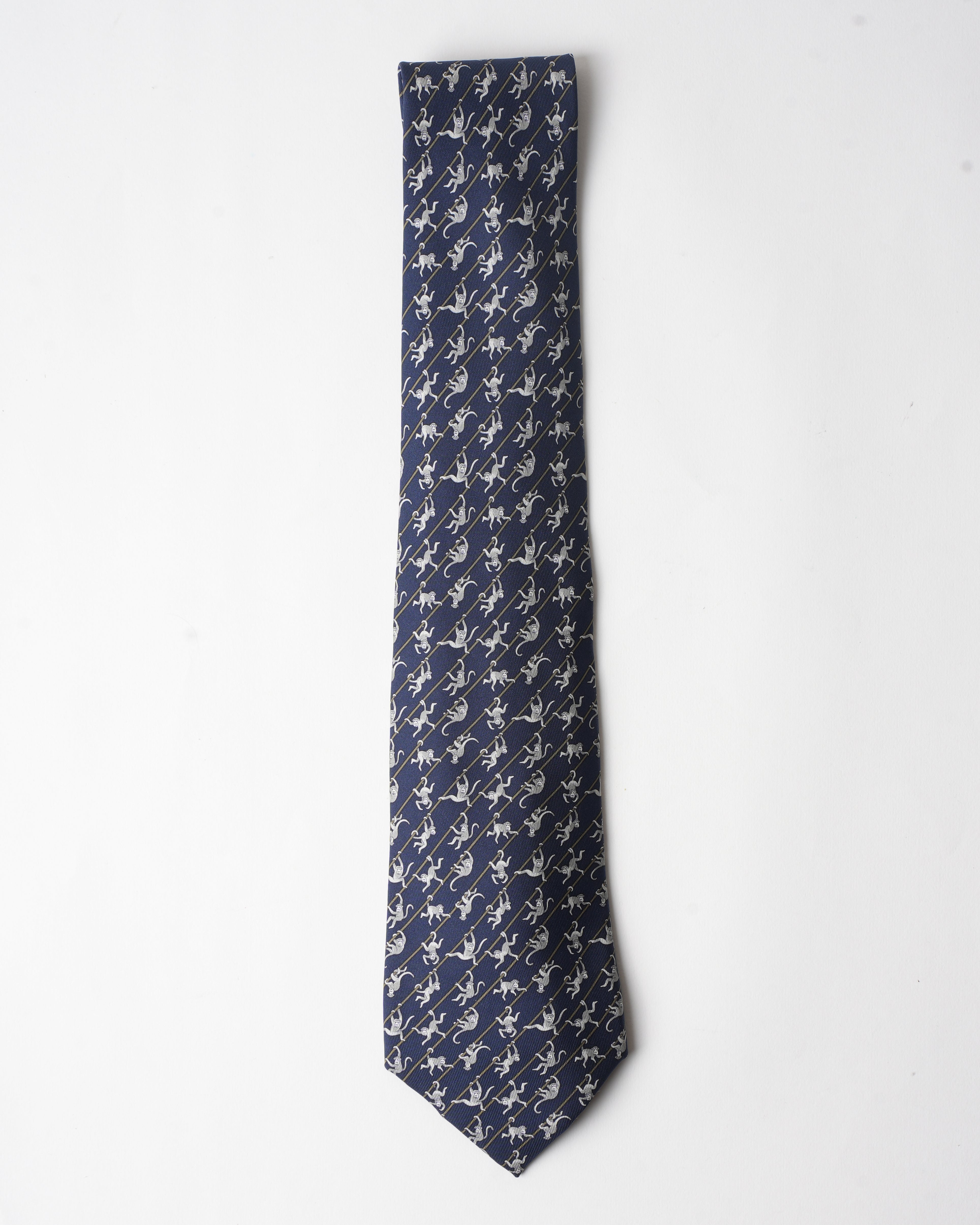 Hermes Vintage Silk Blue Monkey Tie