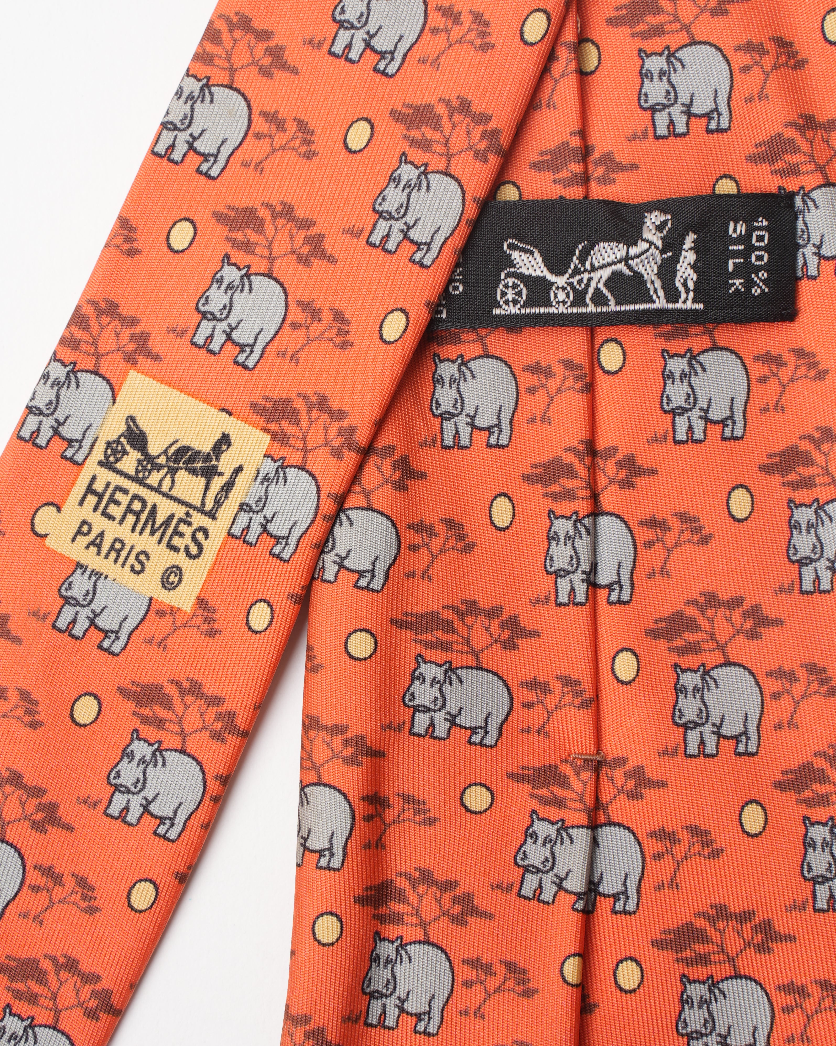 Hermes Vintage Silk Hippo Orange Tie