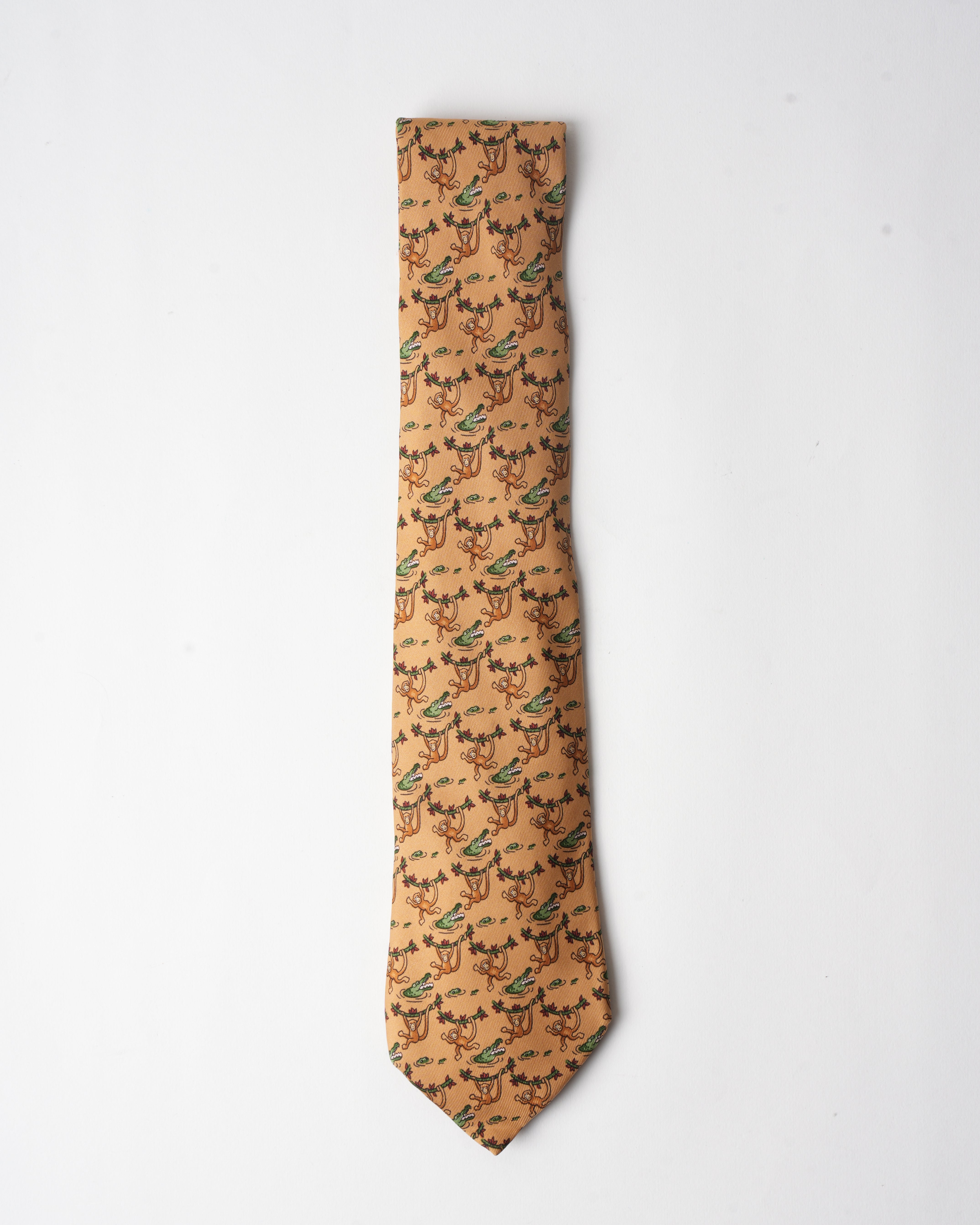 Hermes Vintage Silk Monkey and Croc Tie