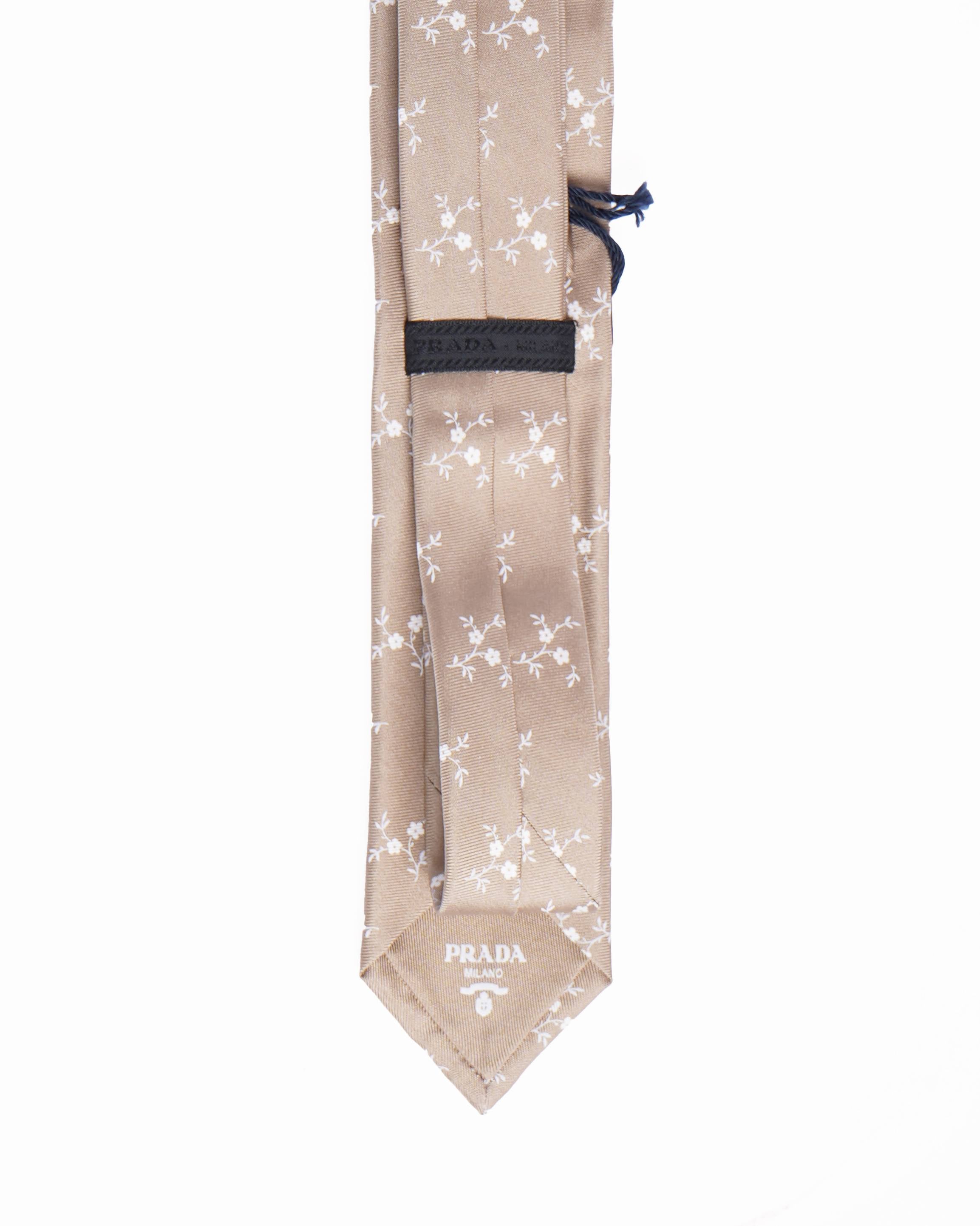 New Prada Beige Floral Print Tie