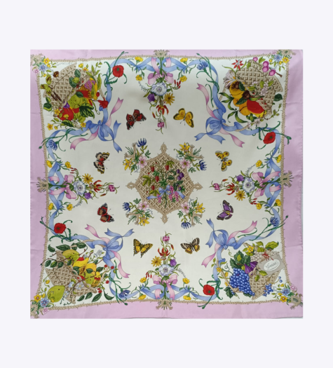 New Gucci Silk Flower Basket Printed Scarf In Silk