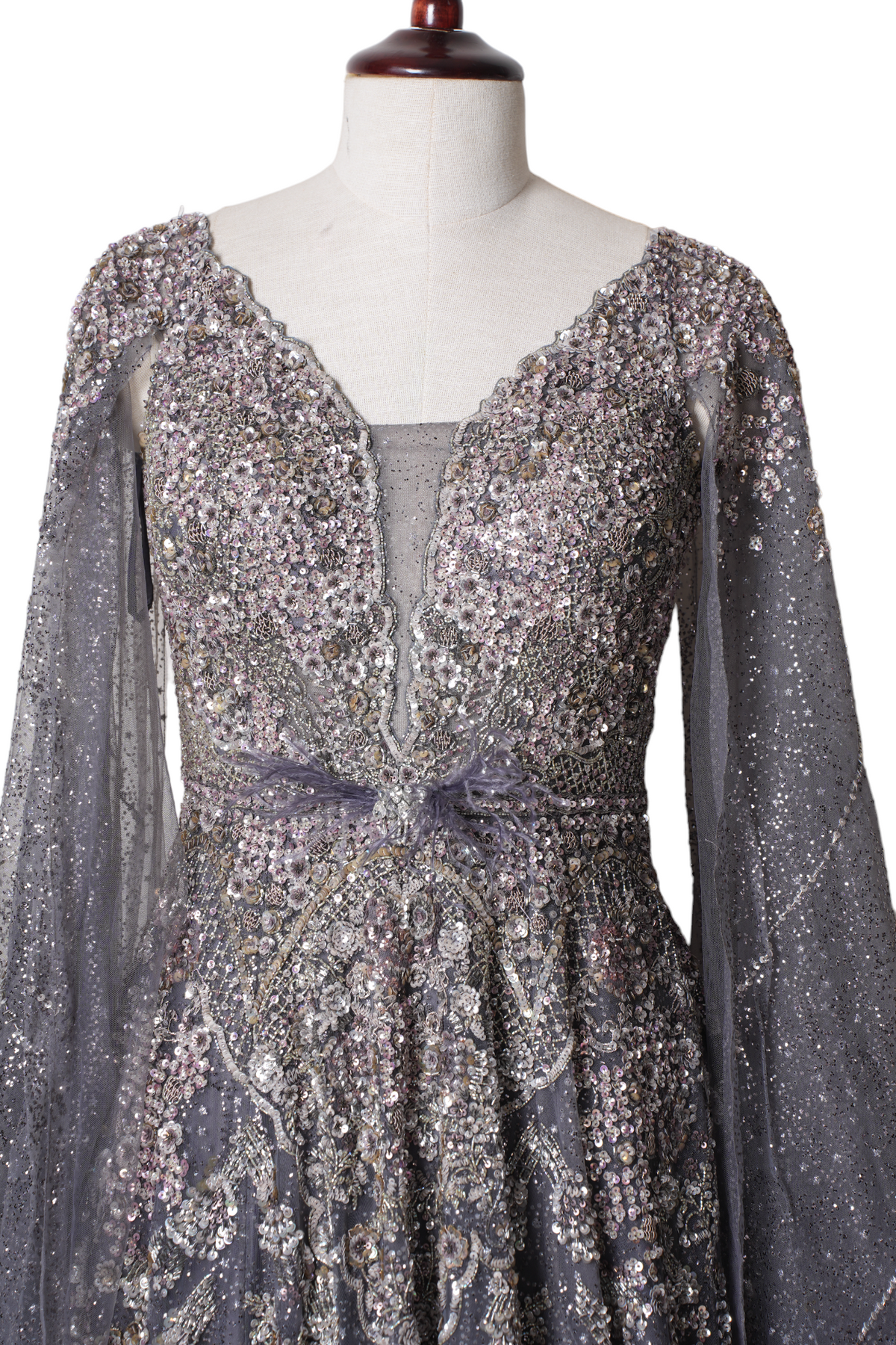 Dolly J Grey Embellished Cape Sleeve Gown