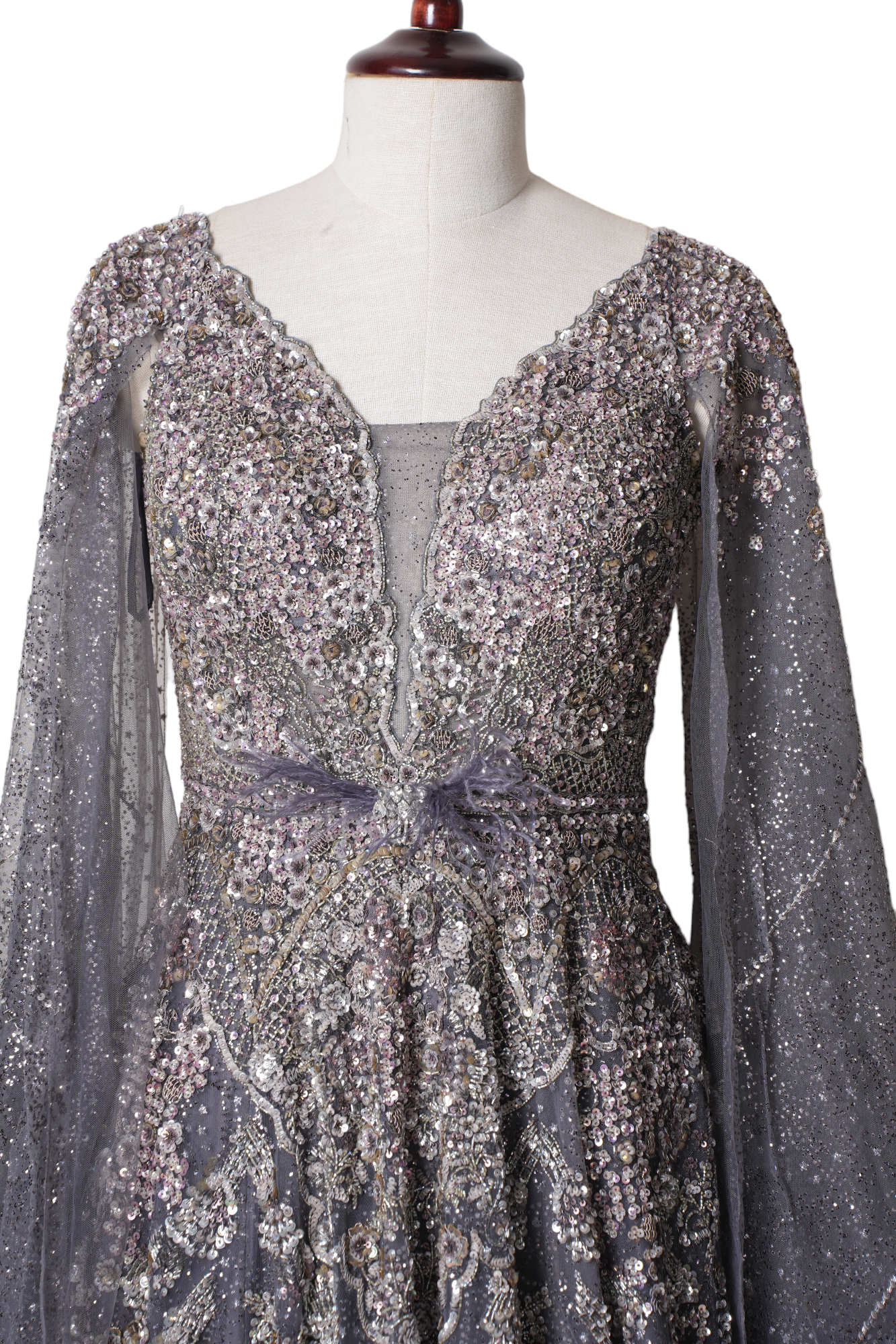 Dolly J Grey Embellished Cape Sleeve Gown