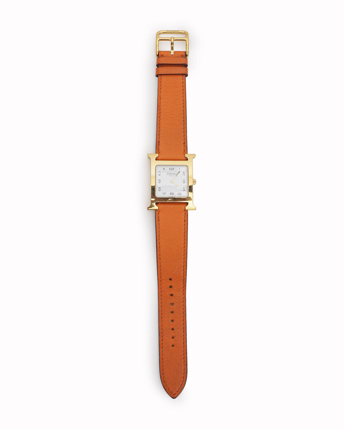 Hermès Gold-Plated Heure H Watch with Orange Leather Strap
