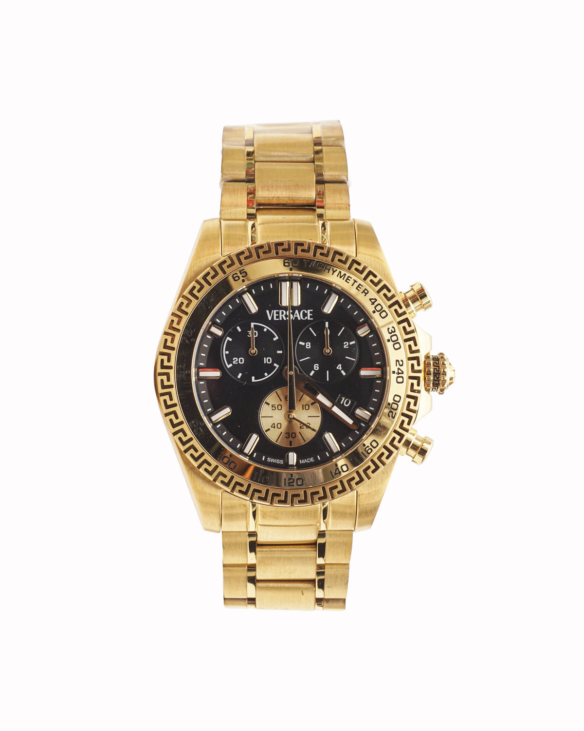 Versace Greca Gold-Tone Chronograph Watch with Black Dial