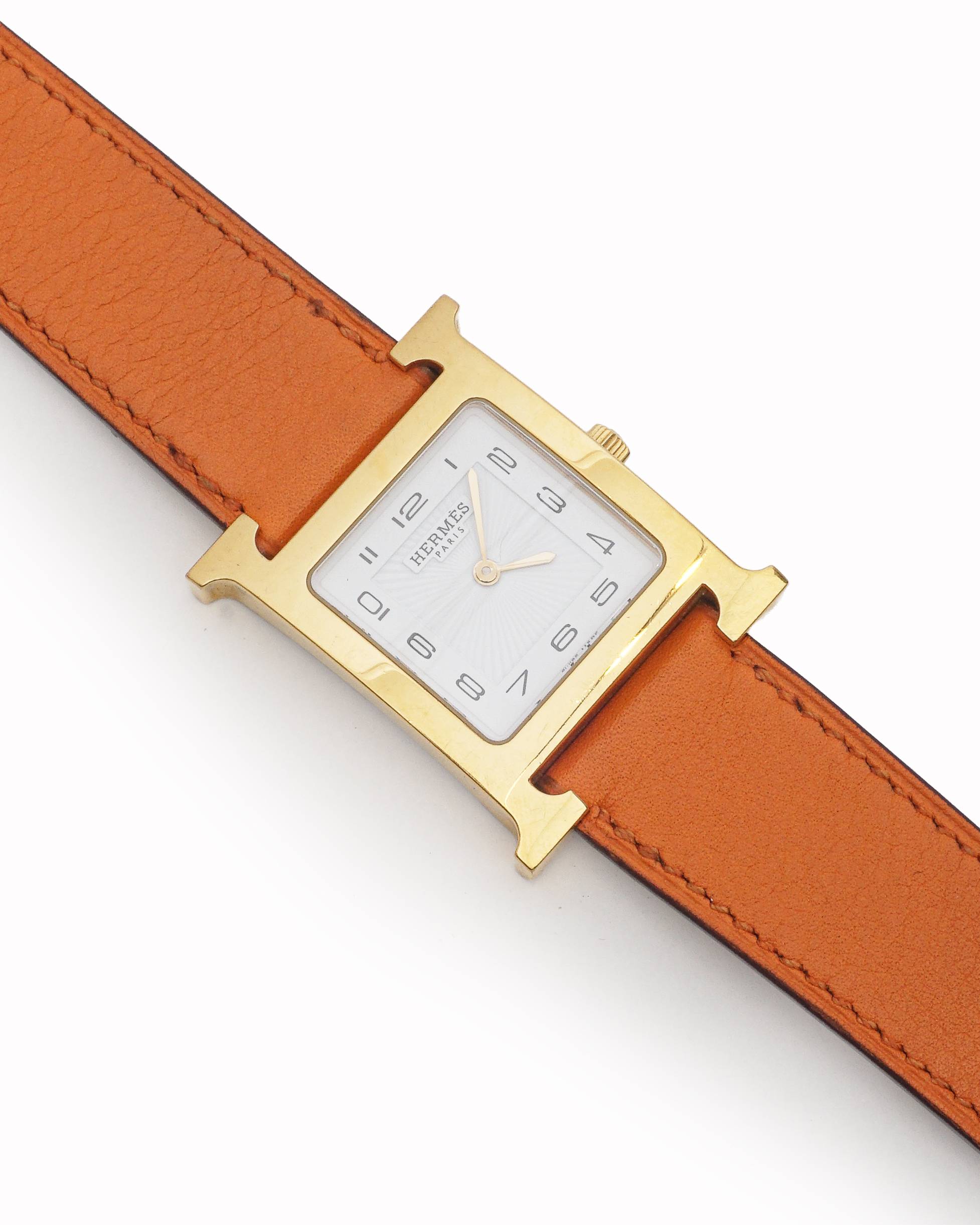 Hermès Gold-Plated Heure H Watch with Orange Leather Strap
