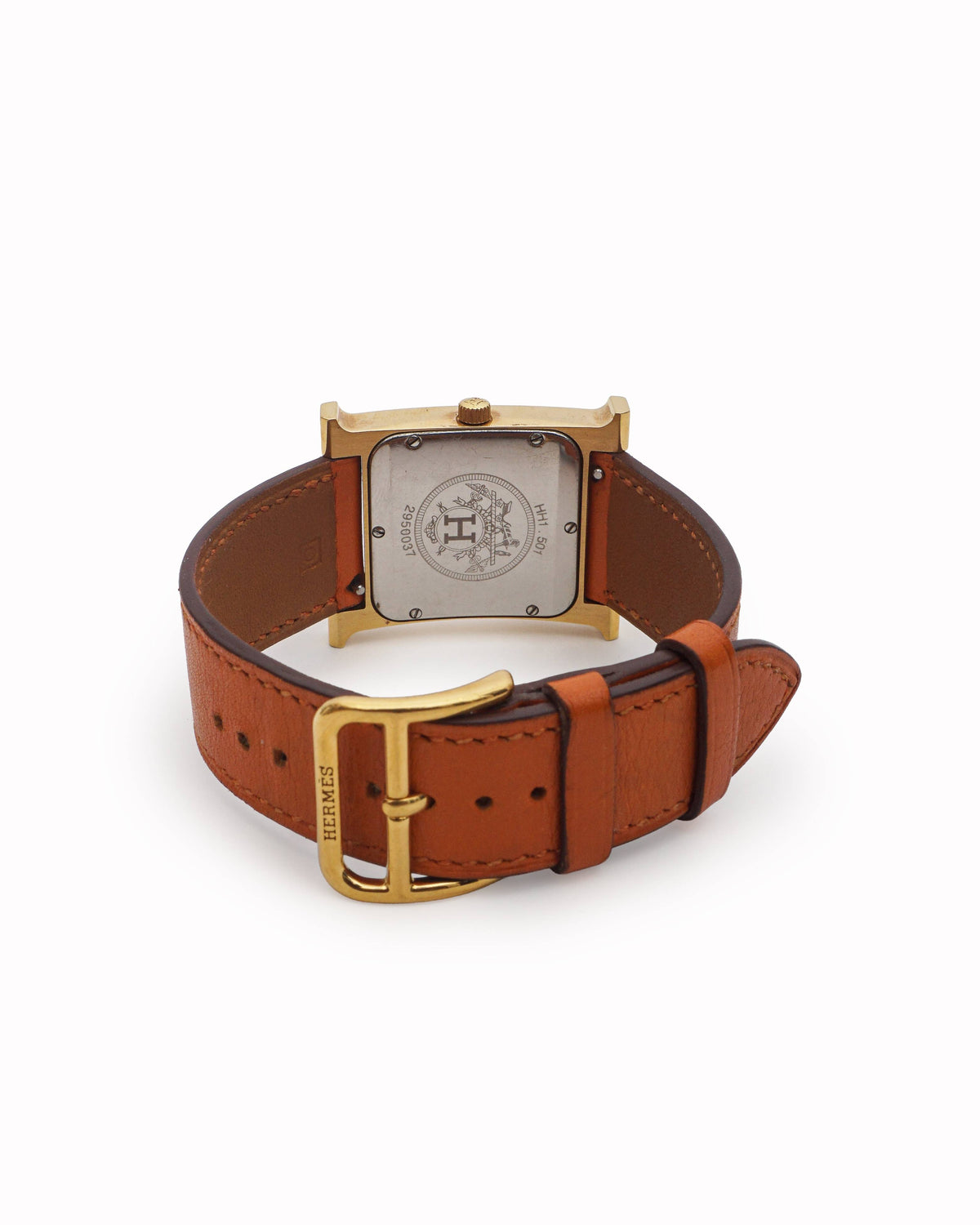 Hermès Gold-Plated Heure H Watch with Orange Leather Strap