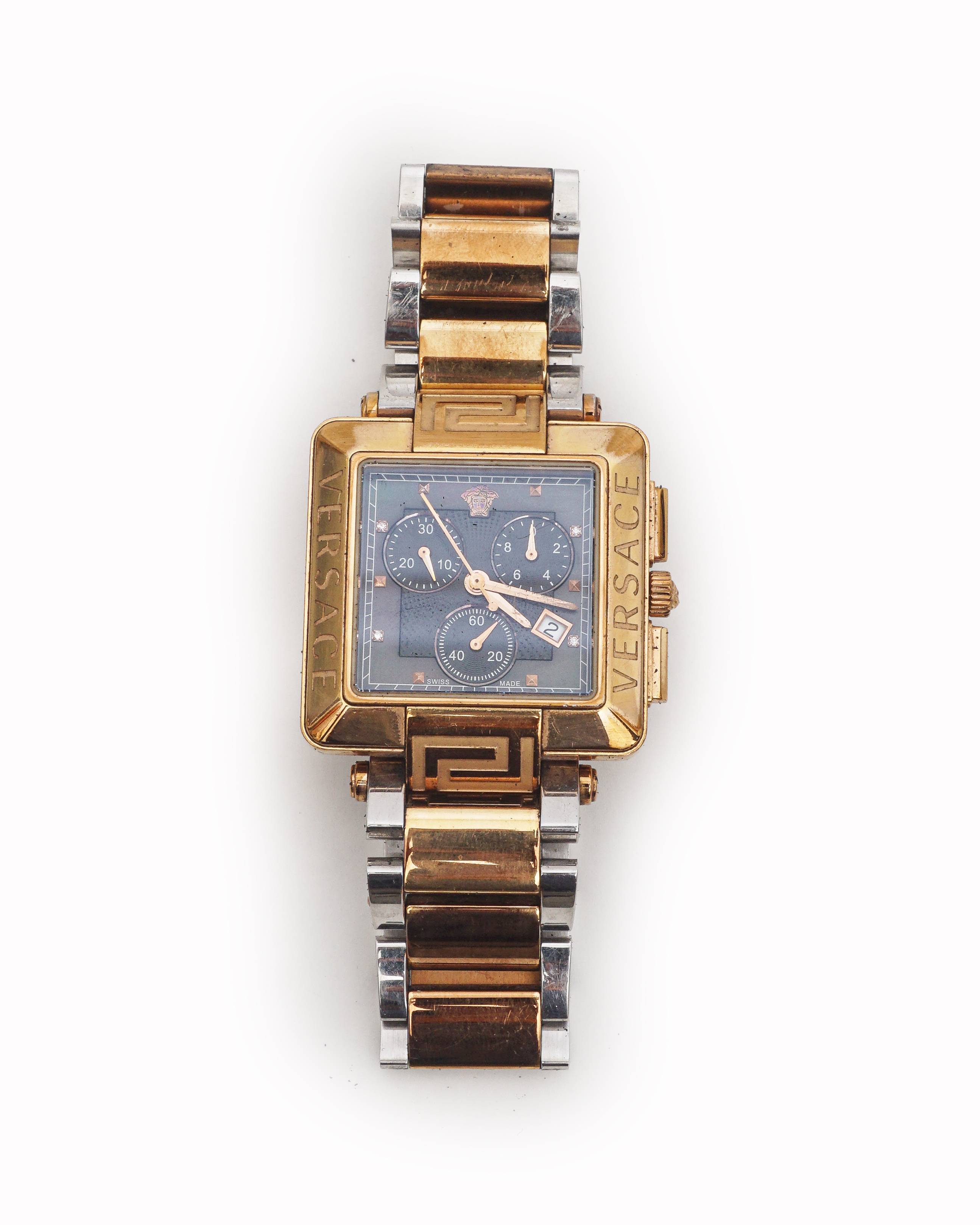 Versace Two-Tone Character Greca Square Chronograph Watch