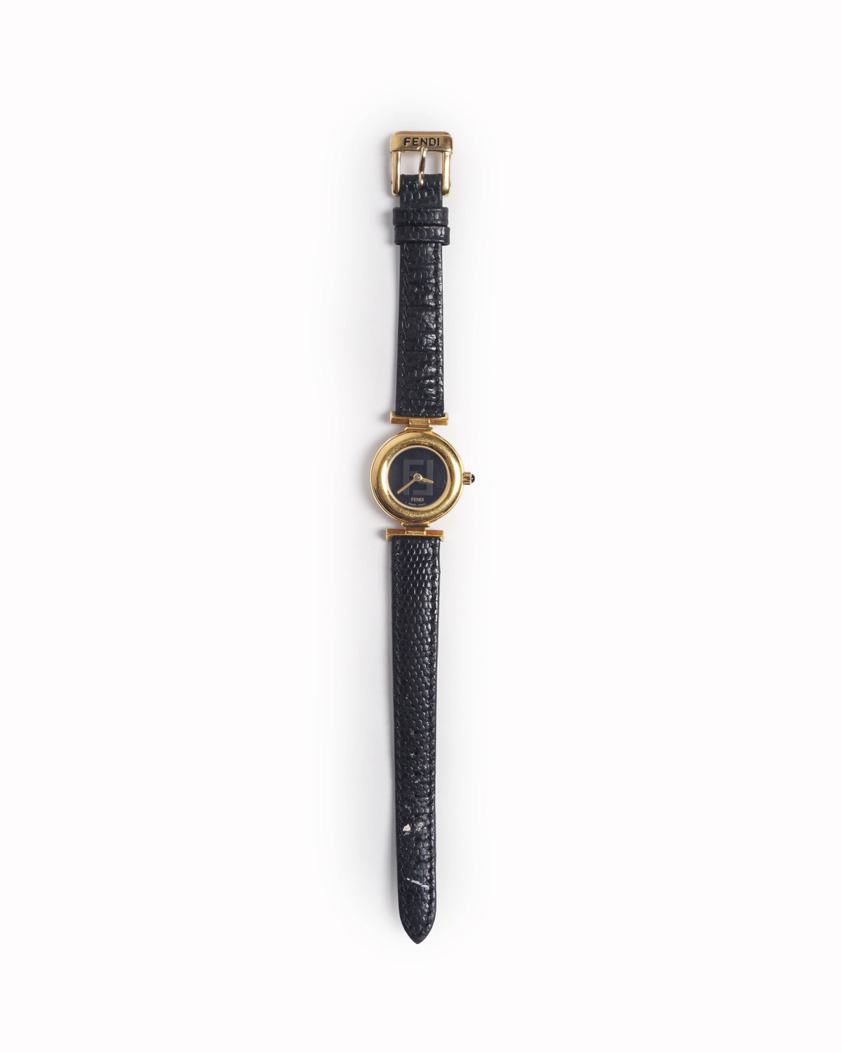 Vintage Fendi Gold-Plated FF Logo Watch Black Leather Strap