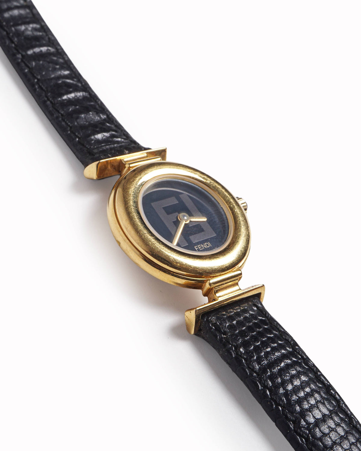 Vintage Fendi Gold-Plated FF Logo Watch Black Leather Strap