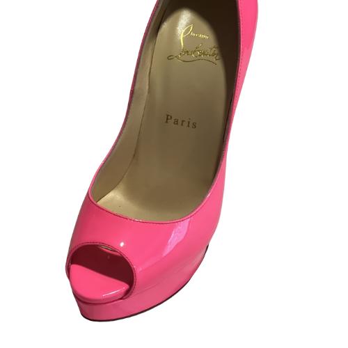 New Christian Louboutin Neon Pink Patent Lady Peep Toe Platform Pumps
