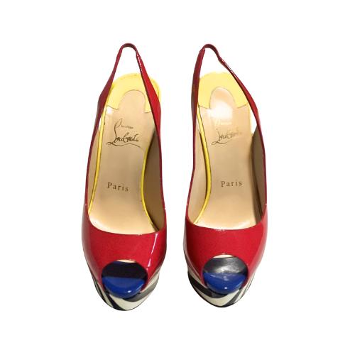 New Christian Louboutin Multi colour Patent Leather Lady Peep Toe Platform Pumps