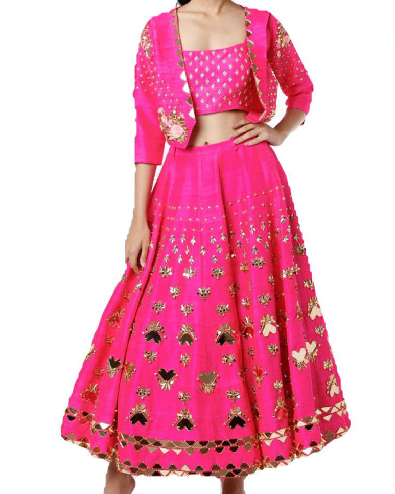 Papa Don't Preach Crepe mirror embellished 3 peice jacket Skirt set in Pink