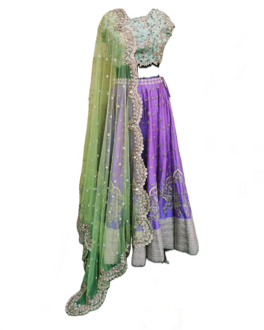 Anushree reddy green and purple embroidered lehenga set