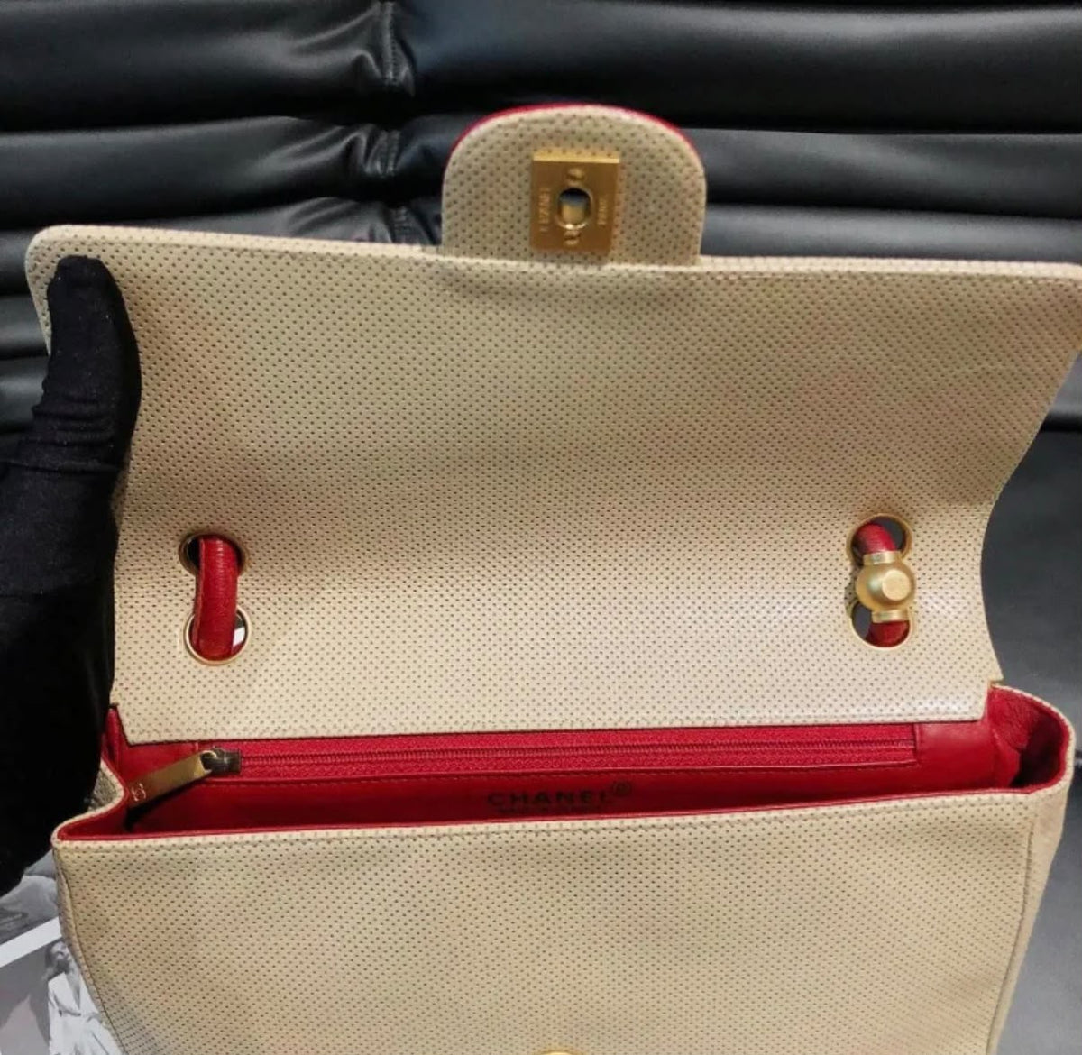 Chanel Beige Perforated Lambskin Leather Single Flap Bag